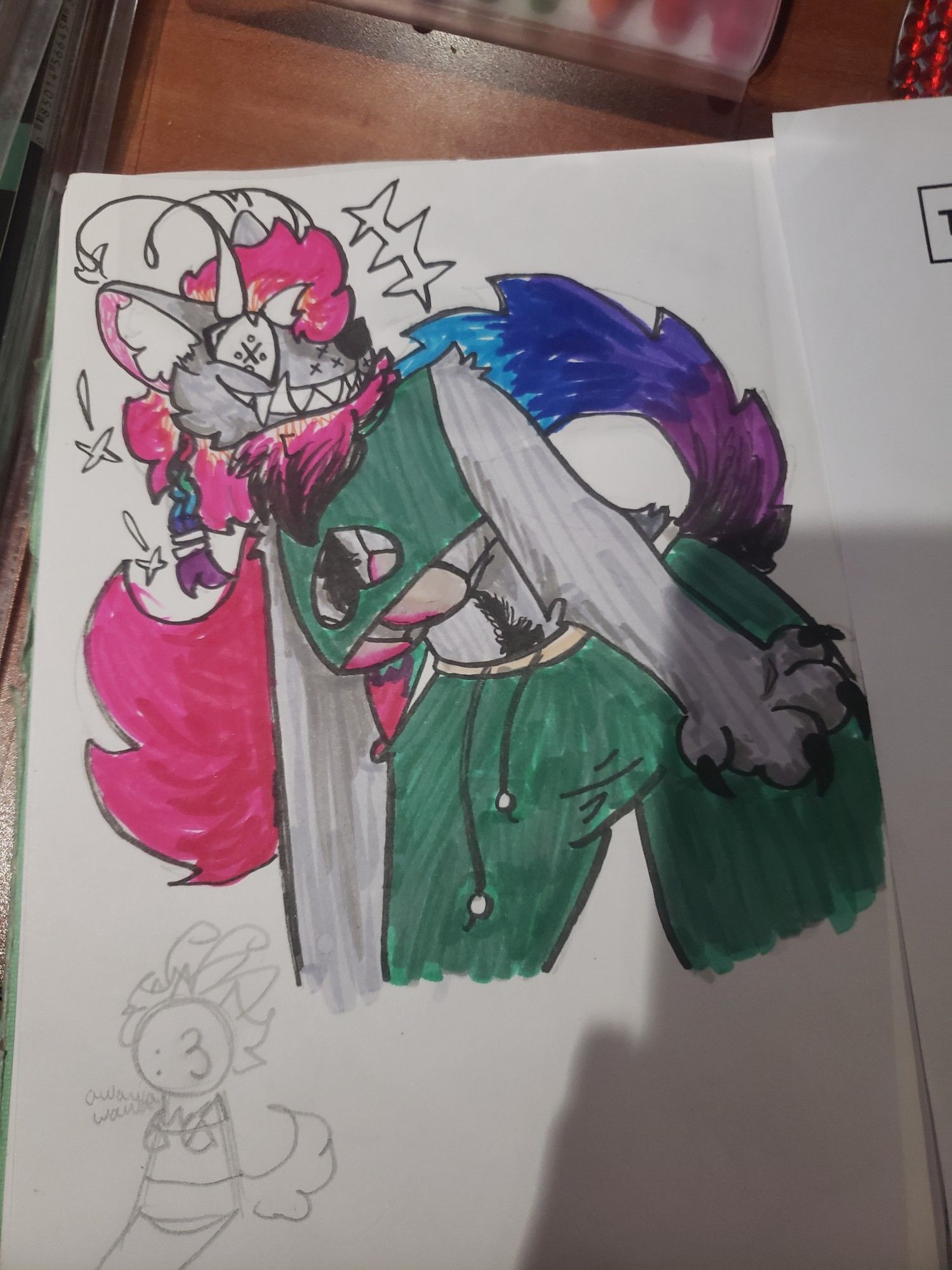 Coyote with light grey fur, pink and orange hair/mane, uncolored antennae and horns, and a neon rainbow tail. They wear a tan bra, faded green upside down heart keyhole crop top, and faded green sweatpants with a tan waistline