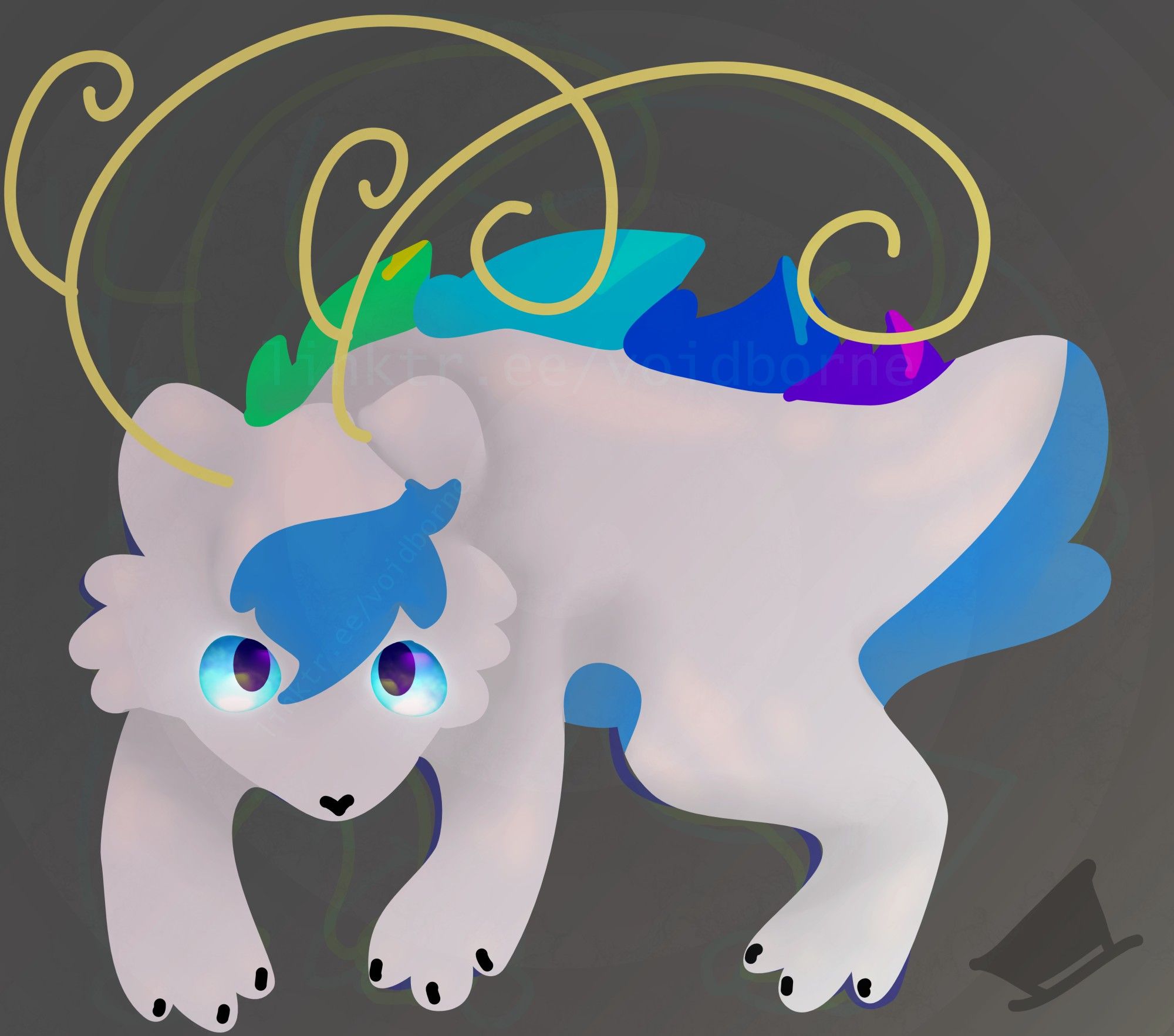 that scug but not pixelated and with much more rendering; they have a neon green/blue/dark blue/purple mane doing from their neck down to the base of their little tail, there's blue on their head tuft, and they have little black claws n pupils now. gods i spent so long rendering this, no regrets tho