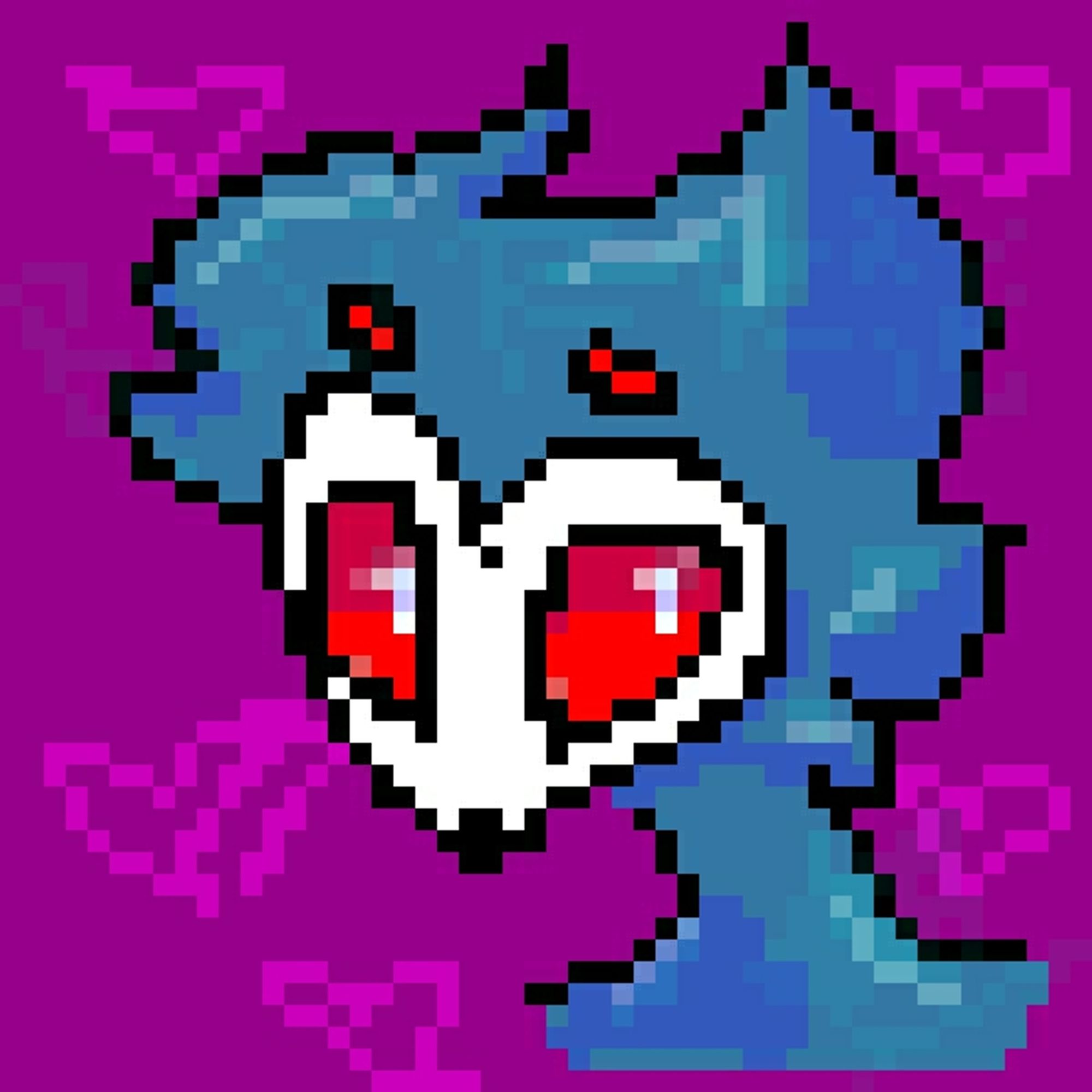 Pixel Stolas headshot with a dark magenta background and translucent pink hearts