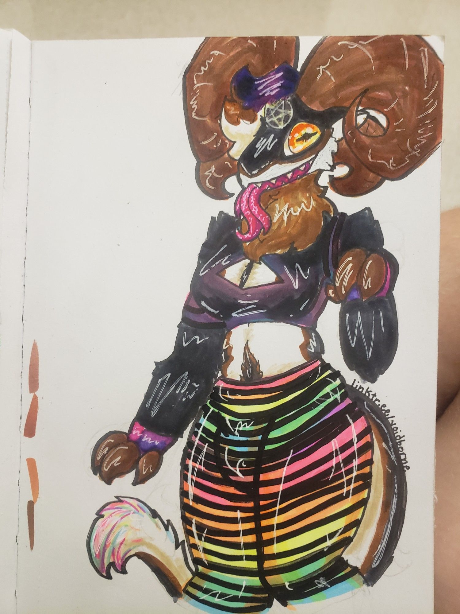 Black goat with bigass curly horns, a long tail with extra fluff at the end, a cream underbelly bordered by brown, purple hair, bright orange-yellow eyes, and 3 bright pink tongues. They wear a black and purple diamond-keyhole crop to,