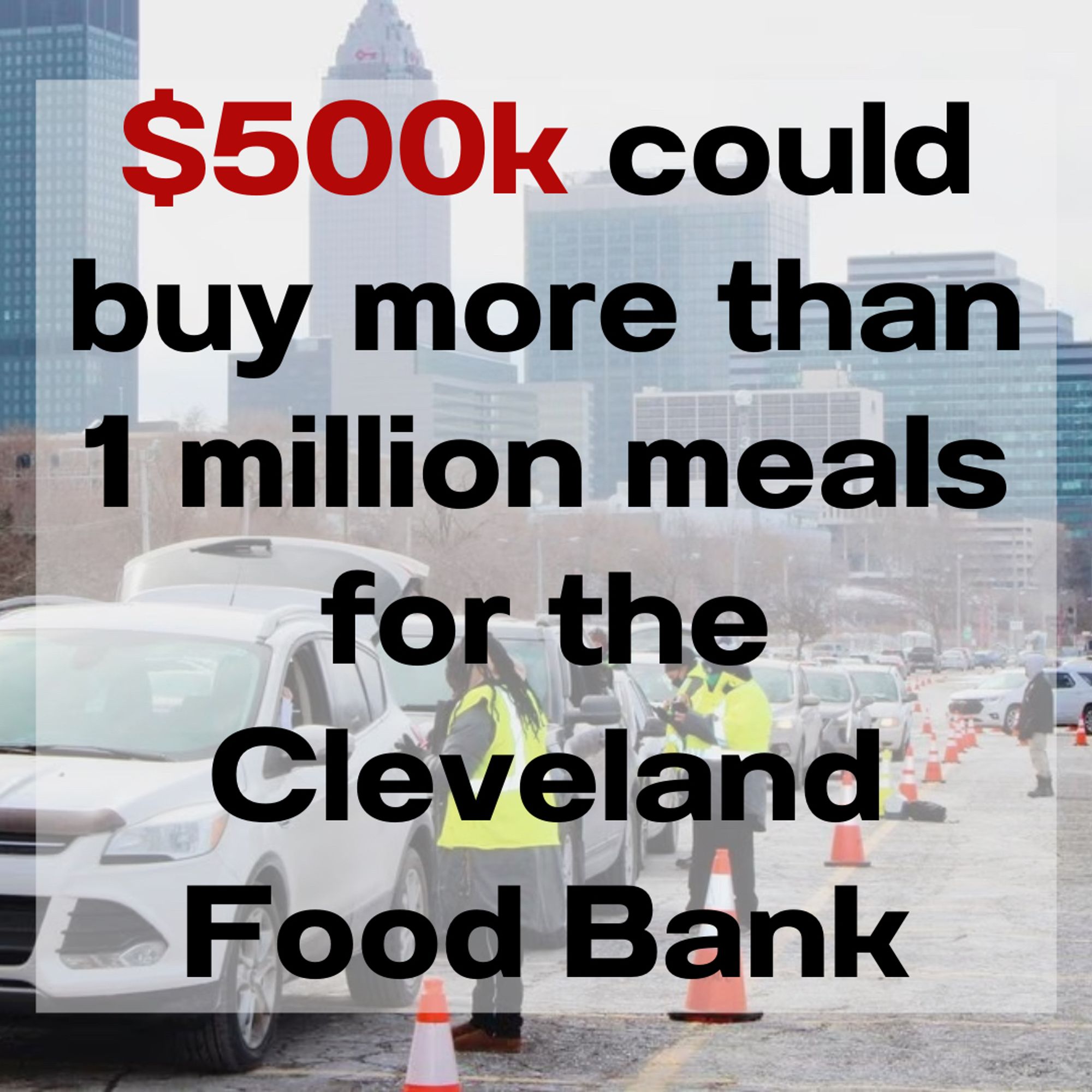 Food bank drop off. Cleveland city skyline in background. A long row of cars is met by people in masks and yellow vests to deliver food contactless.