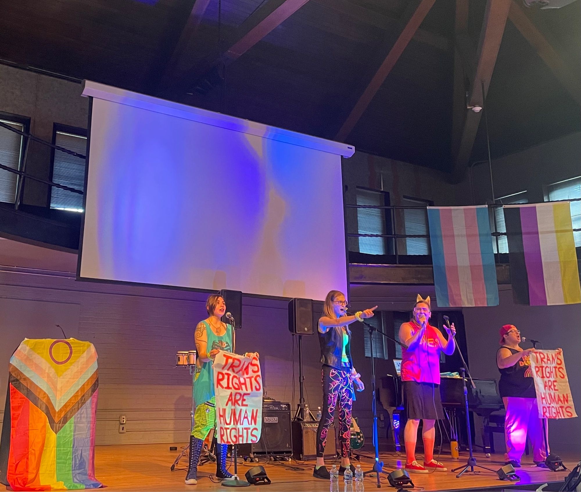 Four queer folks sing into microphones. One in the middle points at the crowd. Another in the middle wears an animal ear headband. The two on the outsides hold banners that read “Trans Rights Are Human Rights”. They stand on a stage in front of rainbow lights, QTBIPOC Ace trans and nonbinary flags.