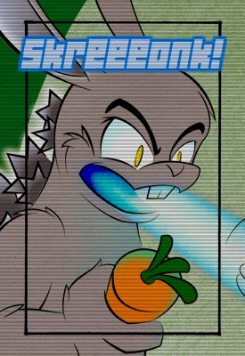 Ad for Biff No.630. A full color image that has a poorly done scanline filter over it. It's a closeup of a grey bunny monster with familiar jagged plates sticking out of its back firing off a blast of atomic breath while holding a carrot. Text reads "Skreeeonk!"