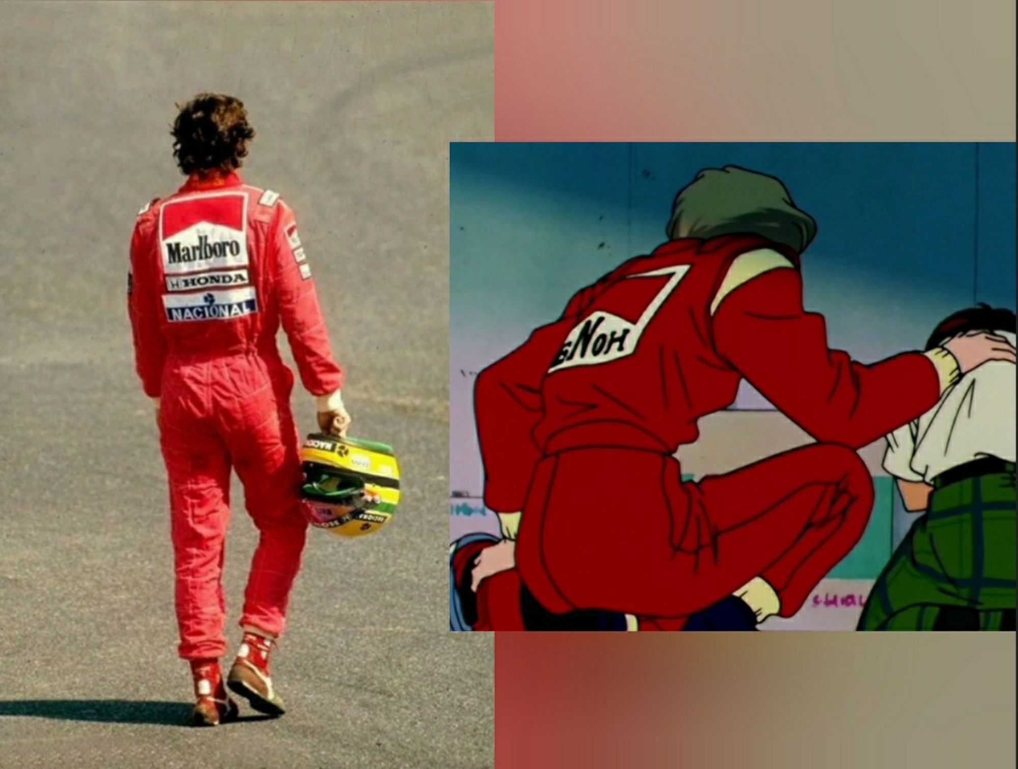 Left: Ayrton Senna in his red Marlboro Mclaren-Honda firesuit, with his iconic Brazilian tricolour helmet in his right hand, seen from the back.

Right: Tenoh Haruka in a similar red firesuit, but with red helmet in her left hand and trying to calm the student in distress with her right hand.