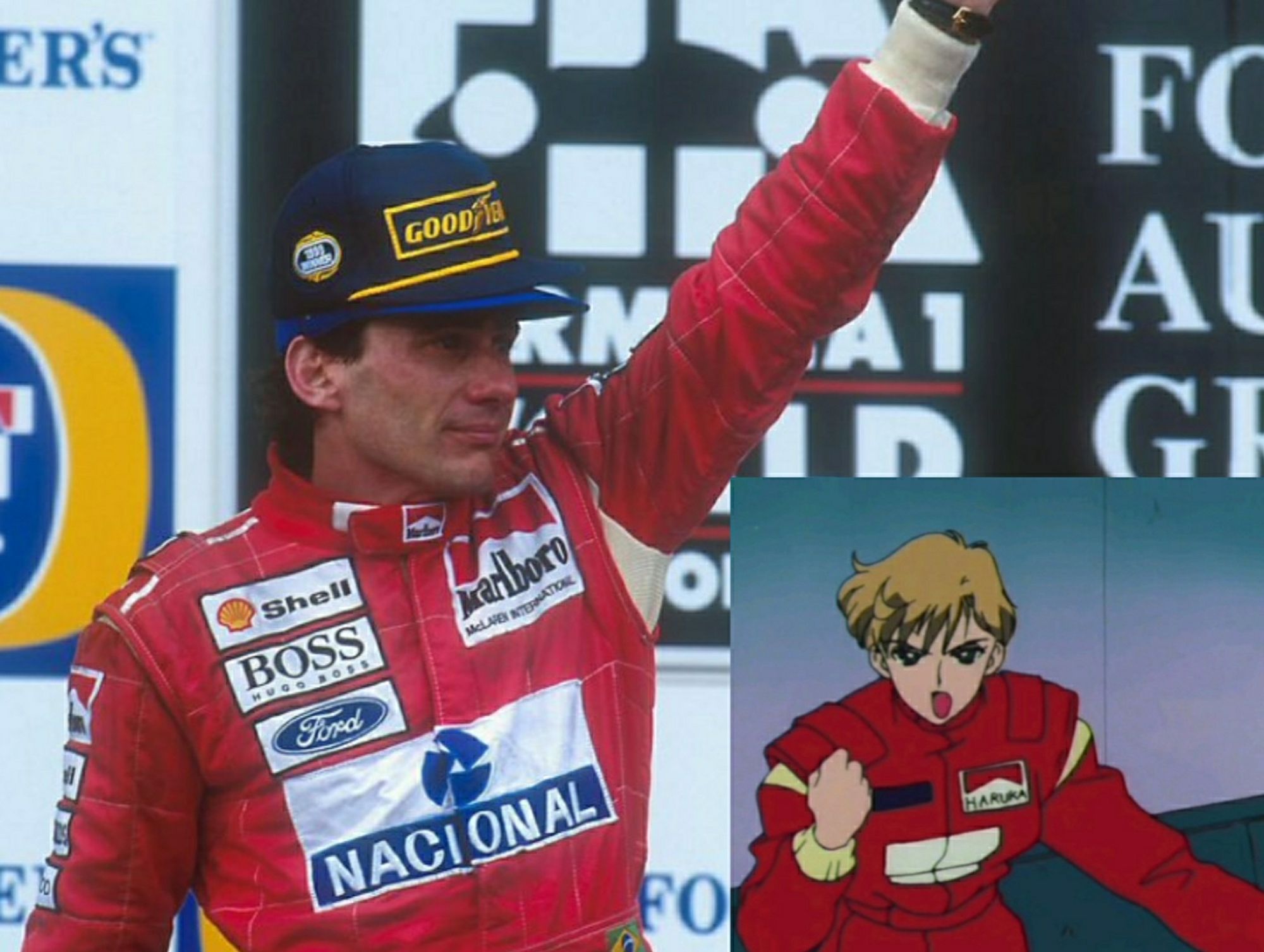 Big photo: Aytron Senna in his Marlboro Mclaren Honda red firesuit holding up a Grand Prix win Trophy

Small photo: Tenoh Haruka in a similar red firesuit.