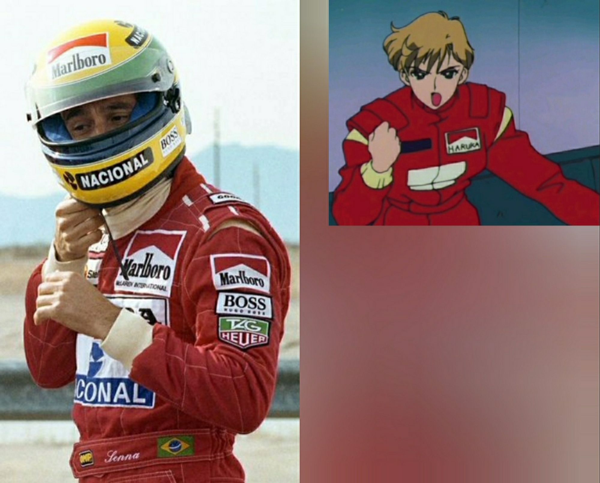 Left: Ayrton Senna in red Marlboro Mclaren-Honda firesuit and his yellow-green-navy blue Brazilian tricolour helmet

Right: Haruka Tenoh in a similar red firesuit, but with Marlboro brand named replaced with "HARUKA" and Nacional Bank logo removed