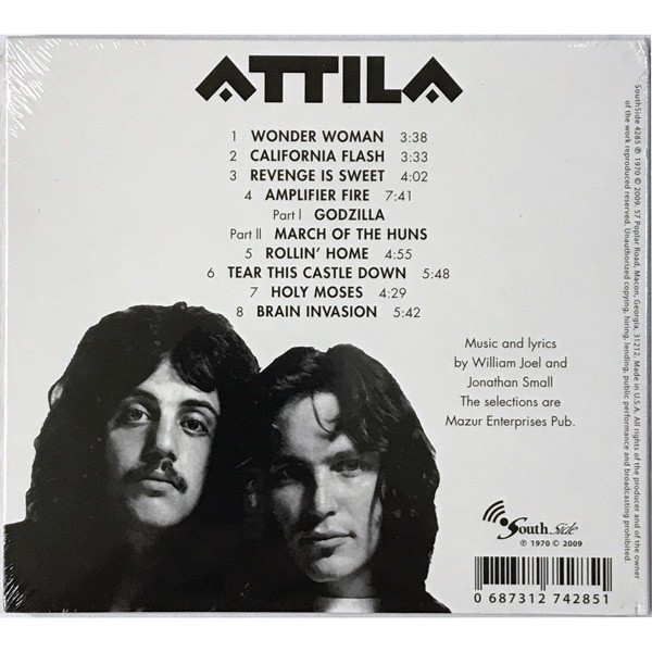 The back cover of Attila's first album. Tracks: Side one
"Wonder Woman" – 3:38
"California Flash" – 3:34
"Revenge Is Sweet" – 4:01
"Amplifier Fire" – 7:40
Part I – "Godzilla"
Part II – "March of the Huns"
Side two
"Rollin' Home" – 4:55
"Tear This Castle Down" – 5:49
"Holy Moses" – 4:30
"Brain Invasion" – 5:43

Band members Billy Joel and Jon Smalls are pictured.