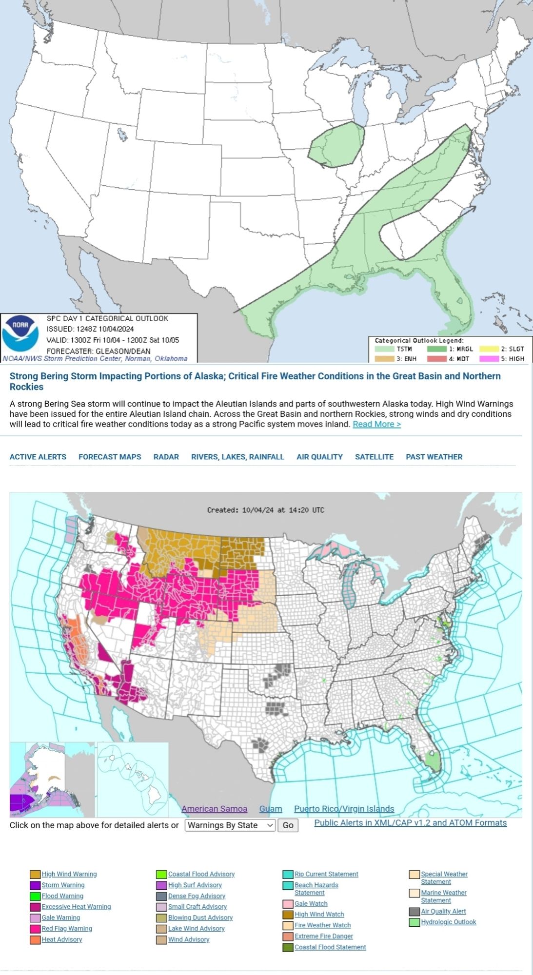 Strong Bering Storm Impacting Portions of Alaska; Critical Fire Weather Conditions in the Great Basin and Northern Rockies
A strong Bering Sea storm will continue to impact the Aleutian Islands and parts of southwestern Alaska today. High Wind Warnings have been issued for the entire Aleutian Island chain. Across the Great Basin and northern Rockies, strong winds and dry conditions will lead to critical fire weather conditions today as a strong Pacific system moves inland.