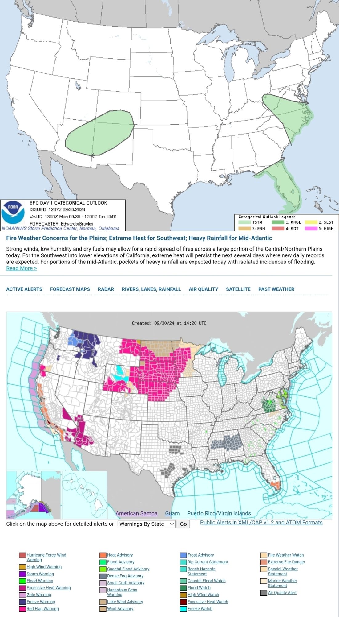 Fire Weather Concerns for the Plains; Extreme Heat for Southwest; Heavy Rainfall for Mid-Atlantic

Strong winds, low humidity and dry fuels may allow for a rapid spread of fires across a large portion of the Central/Northern Plains today. For the Southwest into lower elevations of California, extreme heat will persist the next several days where new daily records are expected. For portions of the mid-Atlantic, pockets of heavy rainfall are expected today with isolated incidences of flooding.