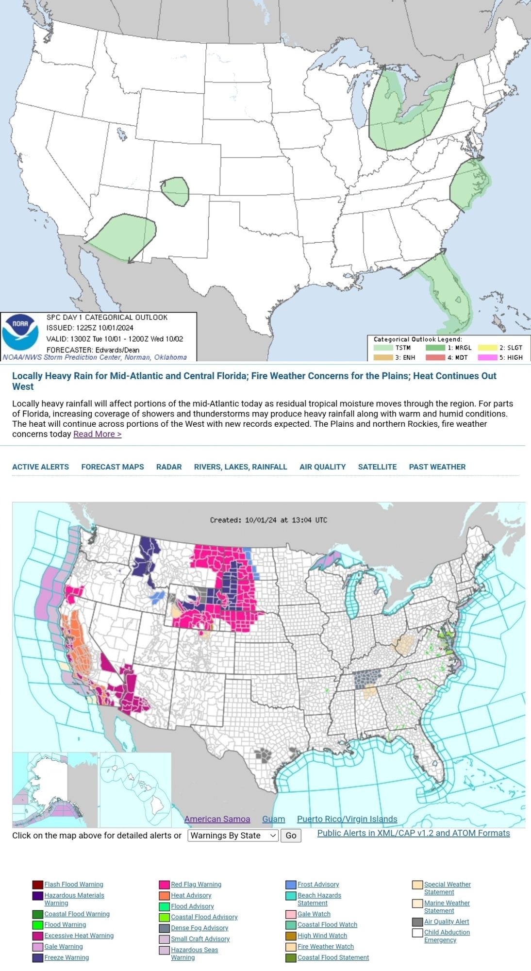 Locally Heavy Rain for Mid-Atlantic and Central Florida; Fire Weather Concerns for the Plains; Heat Continues Out West
Locally heavy rainfall will affect portions of the mid-Atlantic today as residual tropical moisture moves through the region. For parts of Florida, increasing coverage of showers and thunderstorms may produce heavy rainfall along with warm and humid conditions. The heat will continue across portions of the West with new records expected. The Plains and northern Rockies, fire weather concerns today