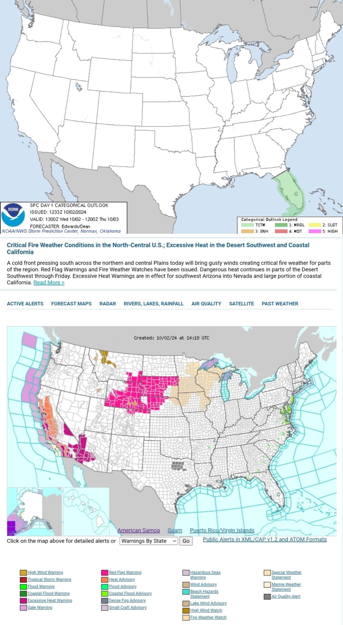 Critical Fire Weather Conditions in the North-Central U.S.; Excessive Heat in the Desert Southwest and Coastal California
A cold front pressing south across the northern and central Plains today will bring gusty winds creating critical fire weather for parts of the region. Red Flag Warnings and Fire Weather Watches have been issued. Dangerous heat continues in parts of the Desert Southwest through Friday. Excessive Heat Warnings are in effect for southwest Arizona into Nevada and large portion of coastal California.