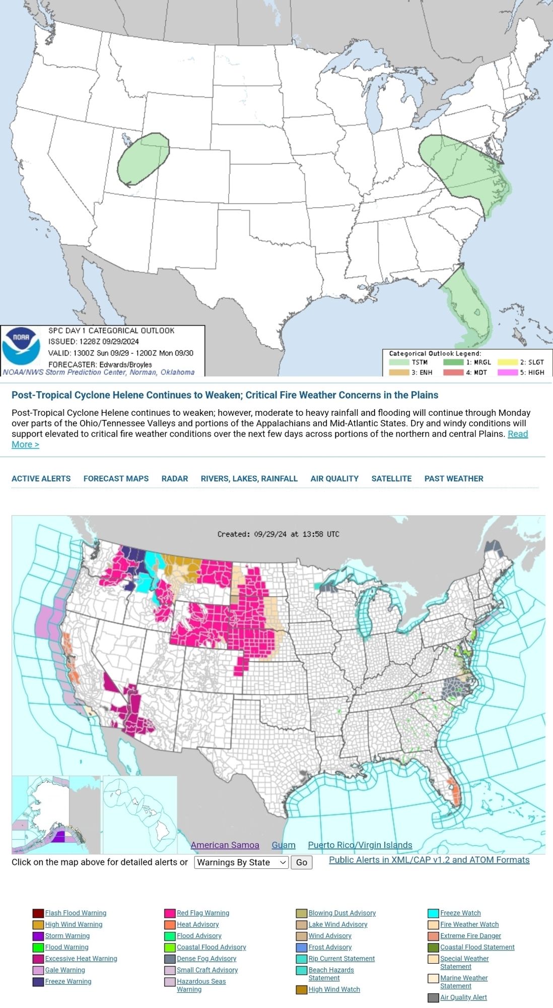 Post-Tropical Cyclone Helene Continues to Weaken; Critical Fire Weather Concerns in the Plains
Post-Tropical Cyclone Helene continues to weaken; however, moderate to heavy rainfall and flooding will continue through Monday over parts of the Ohio/Tennessee Valleys and portions of the Appalachians and Mid-Atlantic States. Dry and windy conditions will support elevated to critical fire weather conditions over the next few days across portions of the northern and central Plains