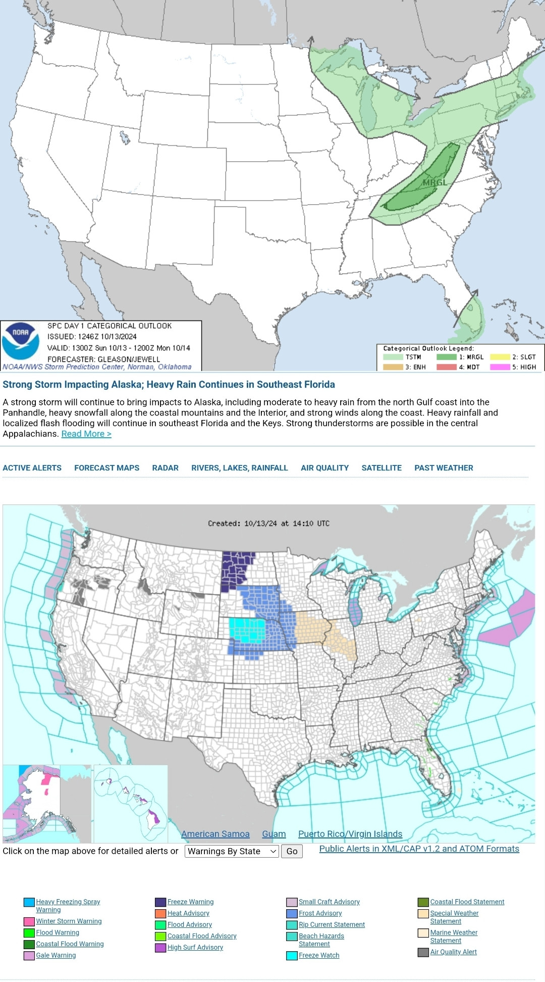 Strong to locally severe thunderstorms are possible, mainly this evening, across parts of the central/southern Appalachians and Tennessee Valley. Isolated wind damage and marginally severe hail should be the main threats. Please stay weather aware. #WeatherAwareDay #weather #wx #SPC #SevereWeather  
Strong Storm Impacting Alaska; Heavy Rain Continues in Southeast Florida
A strong storm will continue to bring impacts to Alaska, including moderate to heavy rain from the north Gulf coast into the Panhandle, heavy snowfall along the coastal mountains and the Interior, and strong winds along the coast. Heavy rainfall and localized flash flooding will continue in southeast Florida and the Keys. Strong thunderstorms are possible in the central Appalachians. 