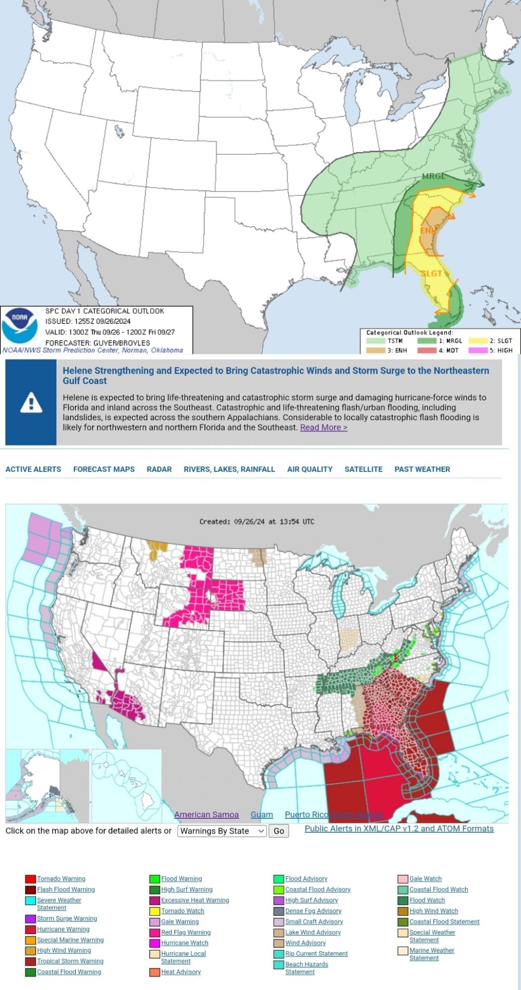 Several tornadoes are expected today into tonight across the coastal Southeast in association with Hurricane Helene. The greatest threat is expected across parts of Florida into southeast Georgia, the Midlands and Low Country of South Carolina, and southern North Carolina. Please stay weather aware. #WeatherAwareDay #weather #wx #SPC #SevereWeather  
Helene Strengthening and Expected to Bring Catastrophic Winds and Storm Surge to the Northeastern Gulf Coast
Helene is expected to bring life-threatening and catastrophic storm surge and damaging hurricane-force winds to Florida and inland across the Southeast. Catastrophic and life-threatening flash/urban flooding, including landslides, is expected across the southern Appalachians. Considerable to locally catastrophic flash flooding is likely for northwestern and northern Florida and the Southeast