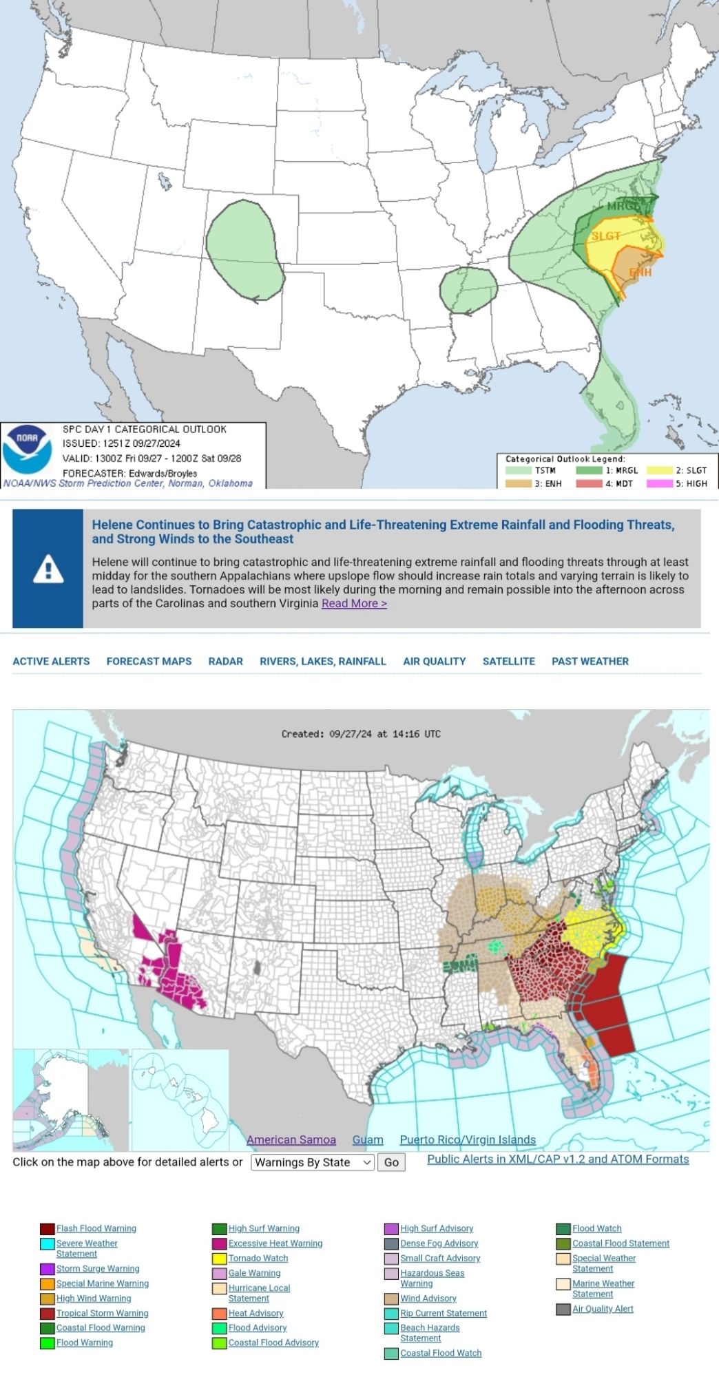 Helene Continues to Bring Catastrophic and Life-Threatening Extreme Rainfall and Flooding Threats, and Strong Winds to the Southeast
Helene will continue to bring catastrophic and life-threatening extreme rainfall and flooding threats through at least midday for the southern Appalachians where upslope flow should increase rain totals and varying terrain is likely to lead to landslides. Tornadoes will be most likely during the morning and remain possible into the afternoon across parts of the Carolinas and southern Virginia