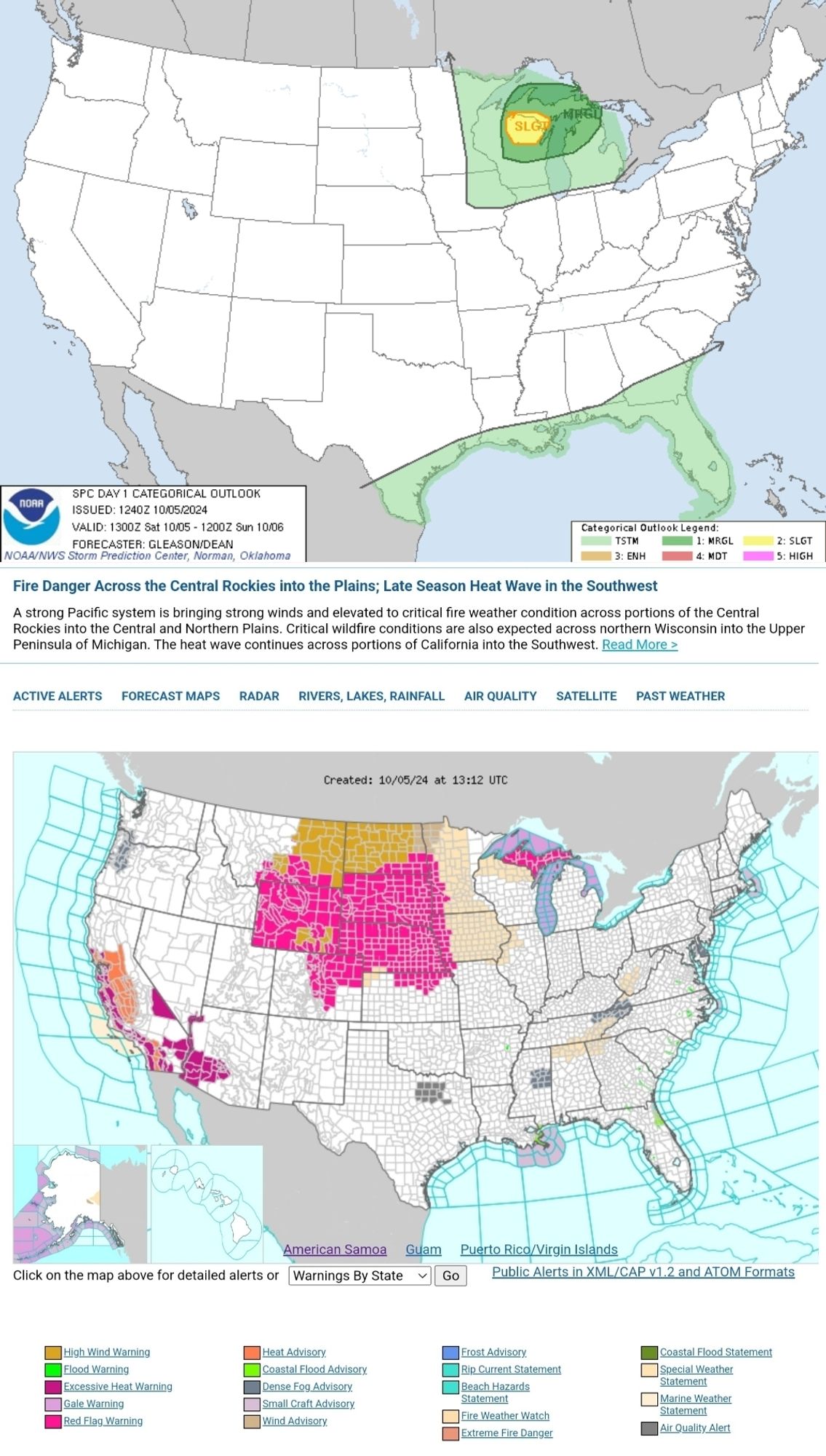 Fire Danger Across the Central Rockies into the Plains; Late Season Heat Wave in the Southwest
A strong Pacific system is bringing strong winds and elevated to critical fire weather condition across portions of the Central Rockies into the Central and Northern Plains. Critical wildfire conditions are also expected across northern Wisconsin into the Upper Peninsula of Michigan. The heat wave continues across portions of California into the Southwest.