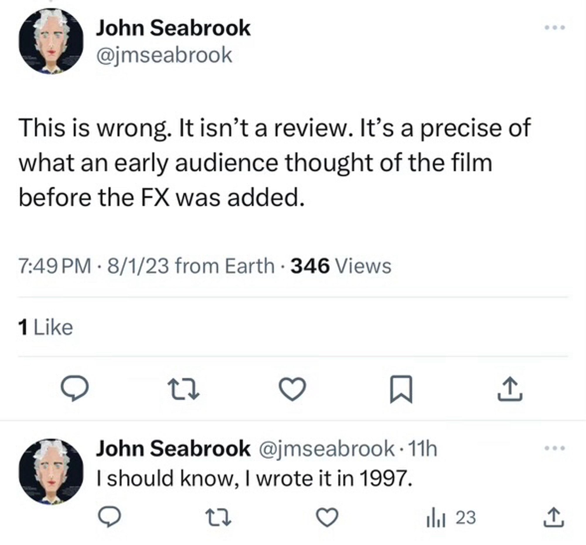 Tweet from John Seabrook (@jmseabrook):

This is wrong. It isn't a review. It's a precise of what an early audience thought of the film before the FX was added.

I should know, I wrote it in 1997.