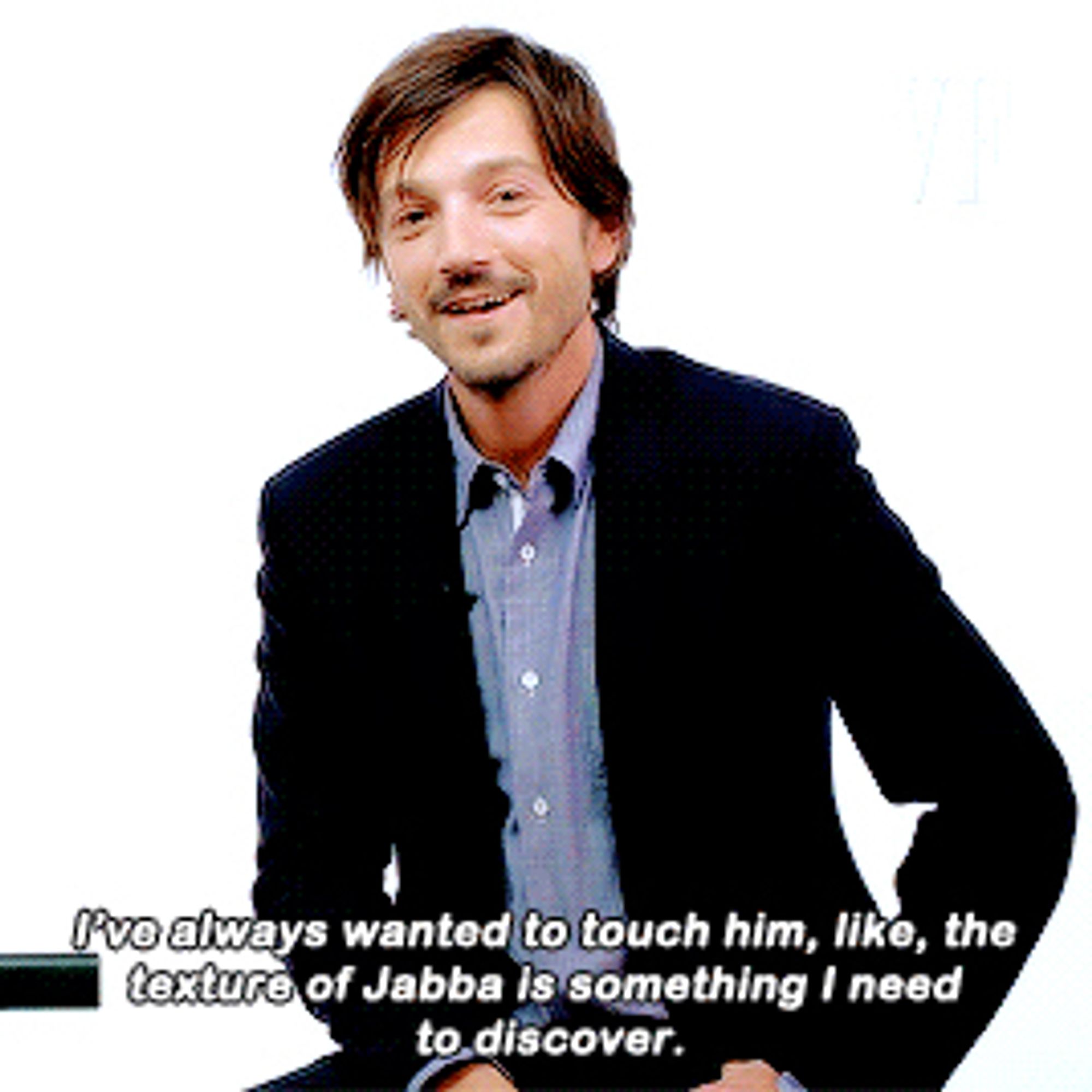 Screenshot of Diego Luna saying “I’ve always wanted to touch him, like, the texture of Jabba I something I need to discover.”