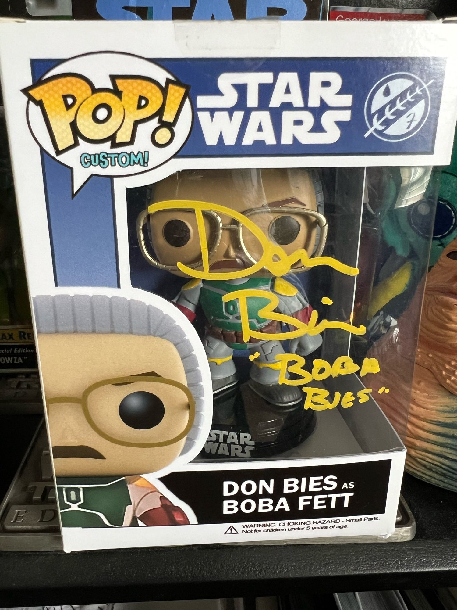 A custom Funko Pop of Don Bies as Boba Fett from the Special Edition of Return of the Jedi