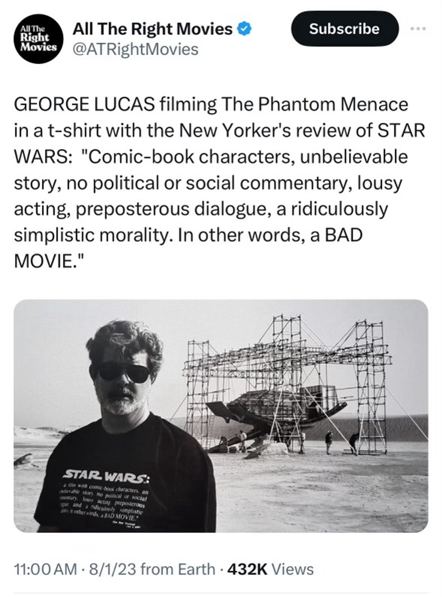 Tweet from All The Right Movies (@ATRightMovies):

GEORGE LUCAS filming The Phantom Menace in a t-shirt with the New Yorker's review of STAR WARS: "Comic-book characters, unbelievable story, no political or social commentary, lousy acting, preposterous dialogue, a ridiculously simplistic morality. In other words, a BAD MOVIE."

With a picture of George Lucas on the set of The Phantom Menace wearing the VFX Crew shirt from the 97 Special Edition.