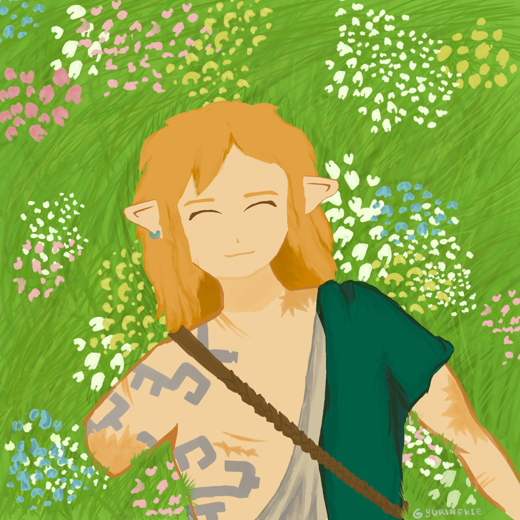 Link from Tears of the kindom with an arm missing sleeping peacefully in a pasture with little flowers. He is calm