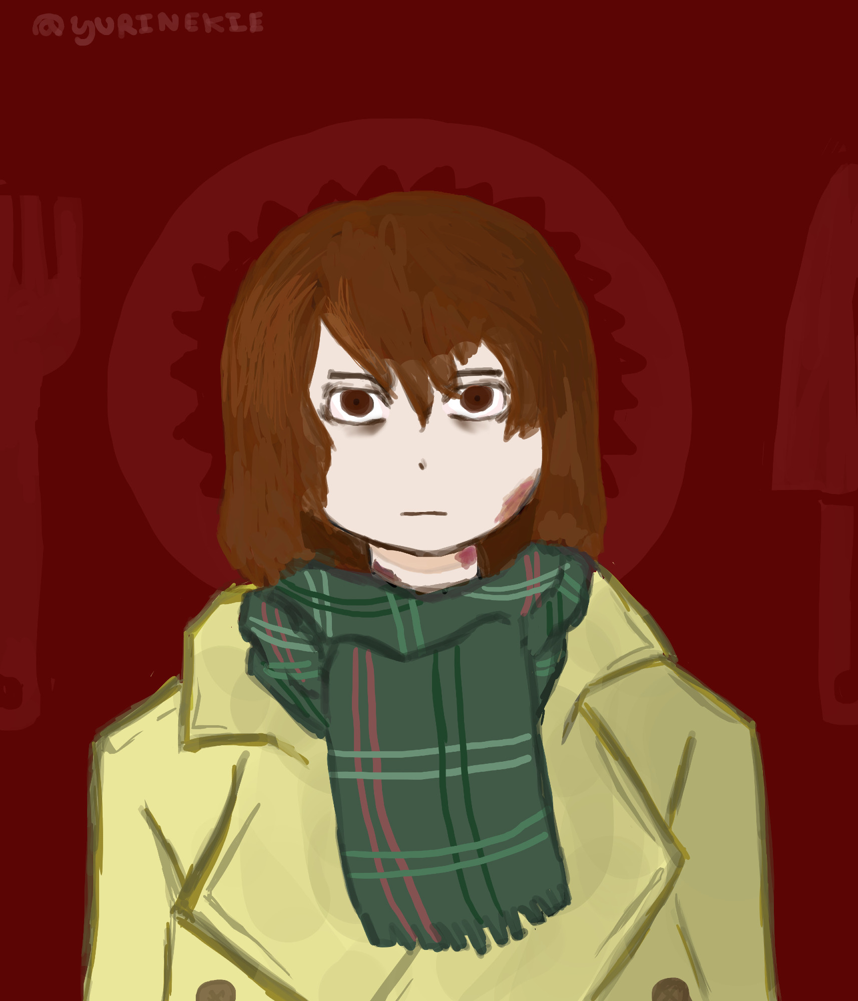 Akechi Goro from the hit game persona 5 looking depresed. In the backgroud there is a plate in his head and to his sides a fork and a knife