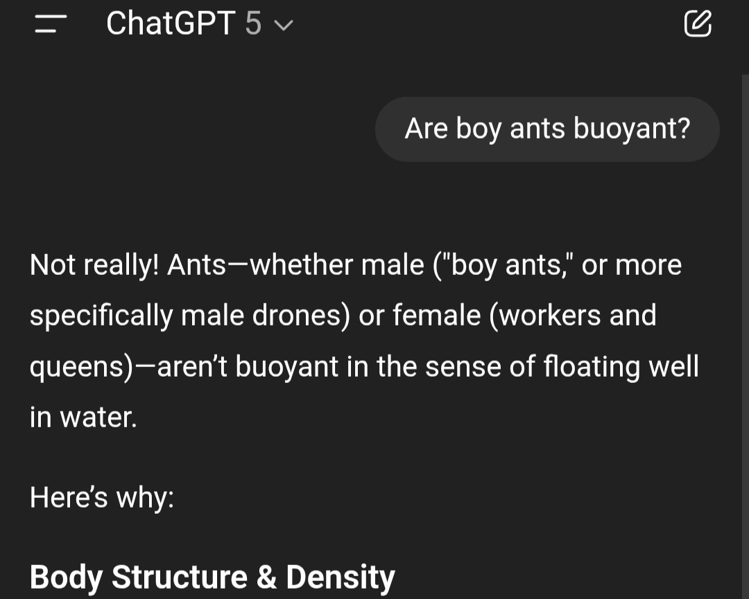 Ask chatgpt if boy ants are Bouyant 