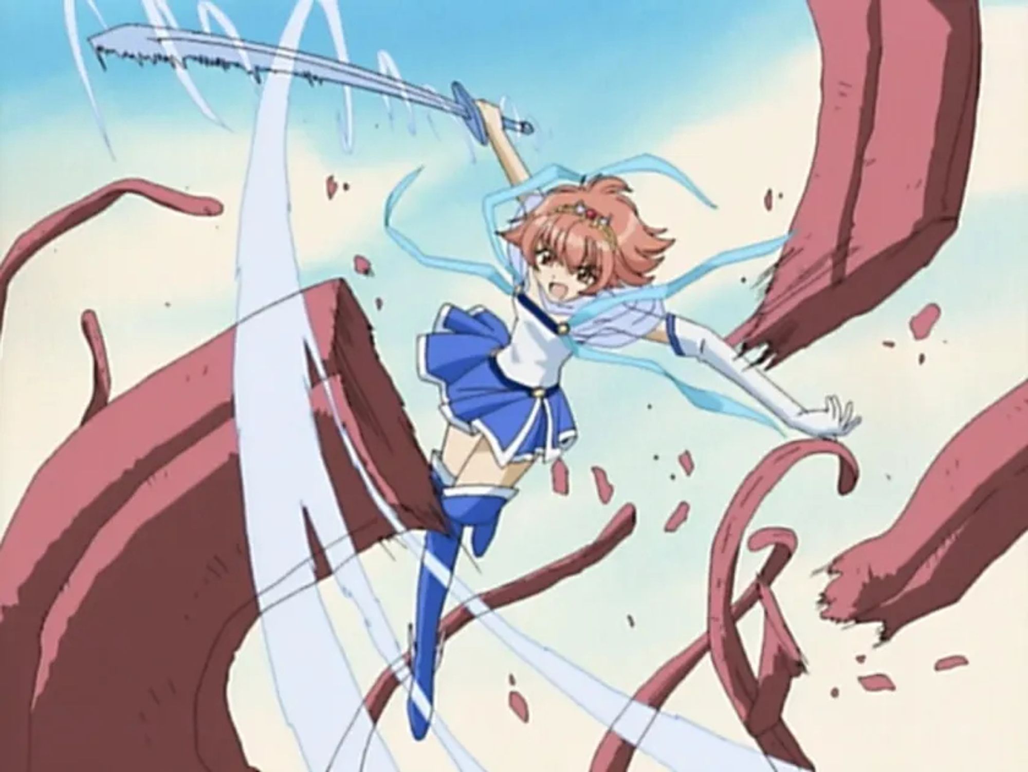 Screenshot of Himeno Awayuki from Pretear, chopping through a tentacle with her sword