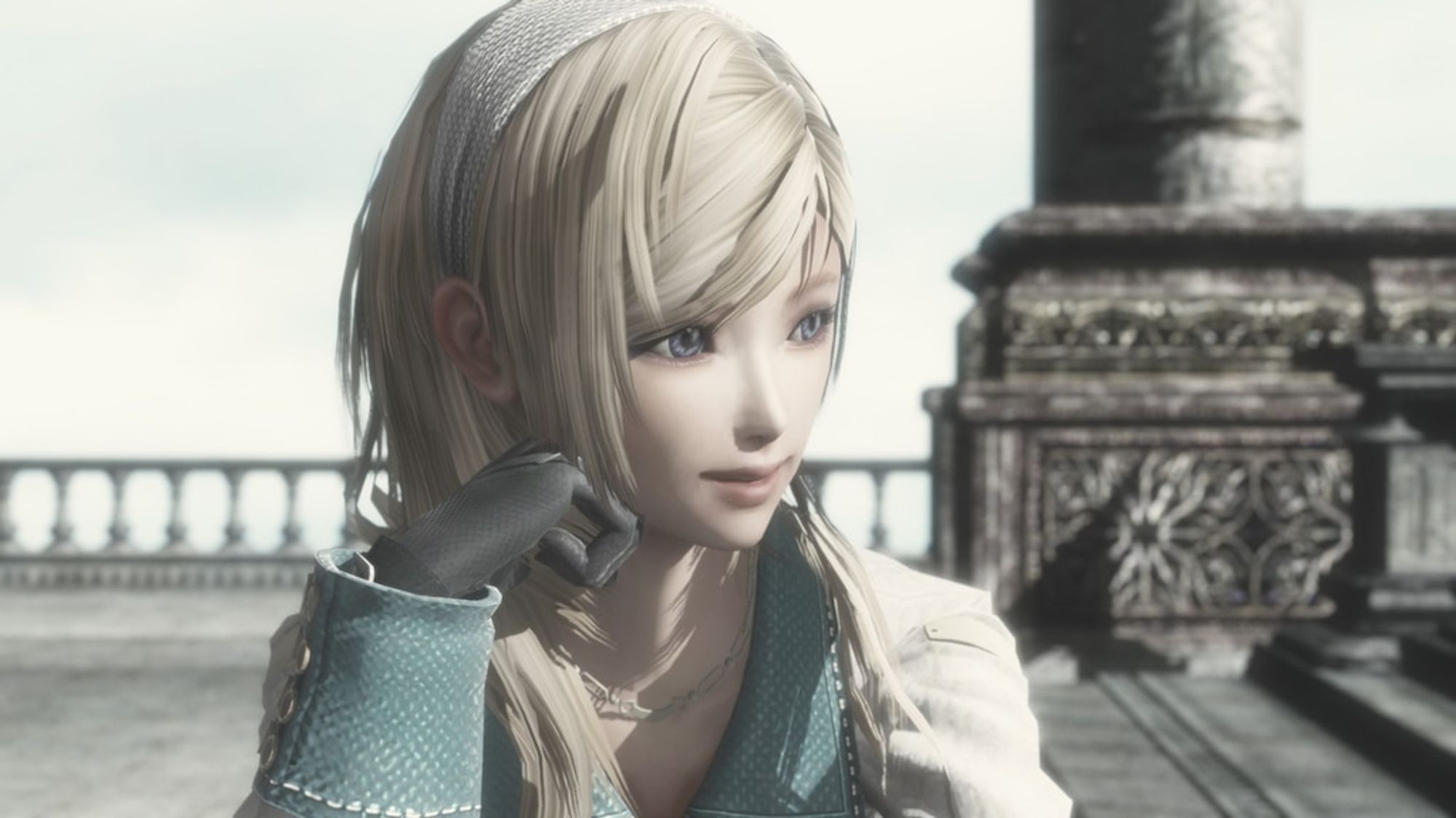 leanne from resonance of fate, a young girl with blonde hair and light blue eyes, wearing a white jacket with blue trim on the inside, sitting down with her face on her hand, looking outward