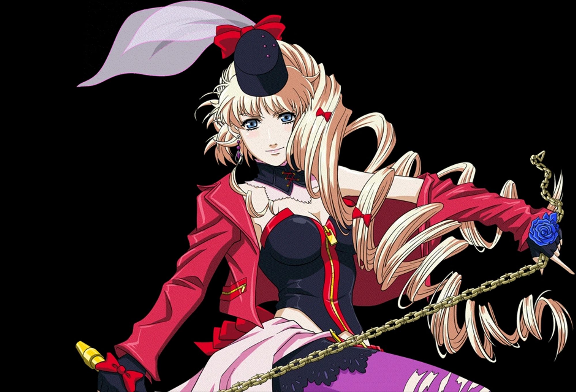 image of Sheryl Nome from Macross Frontier, appearing in Super Robot Wars X-Omega. She has blue eyes and long blonde hair going down her outstretched arm, she is holding a gold whip, one end in each hand. she has a open red jacket with a black blouse and purple leggings on.