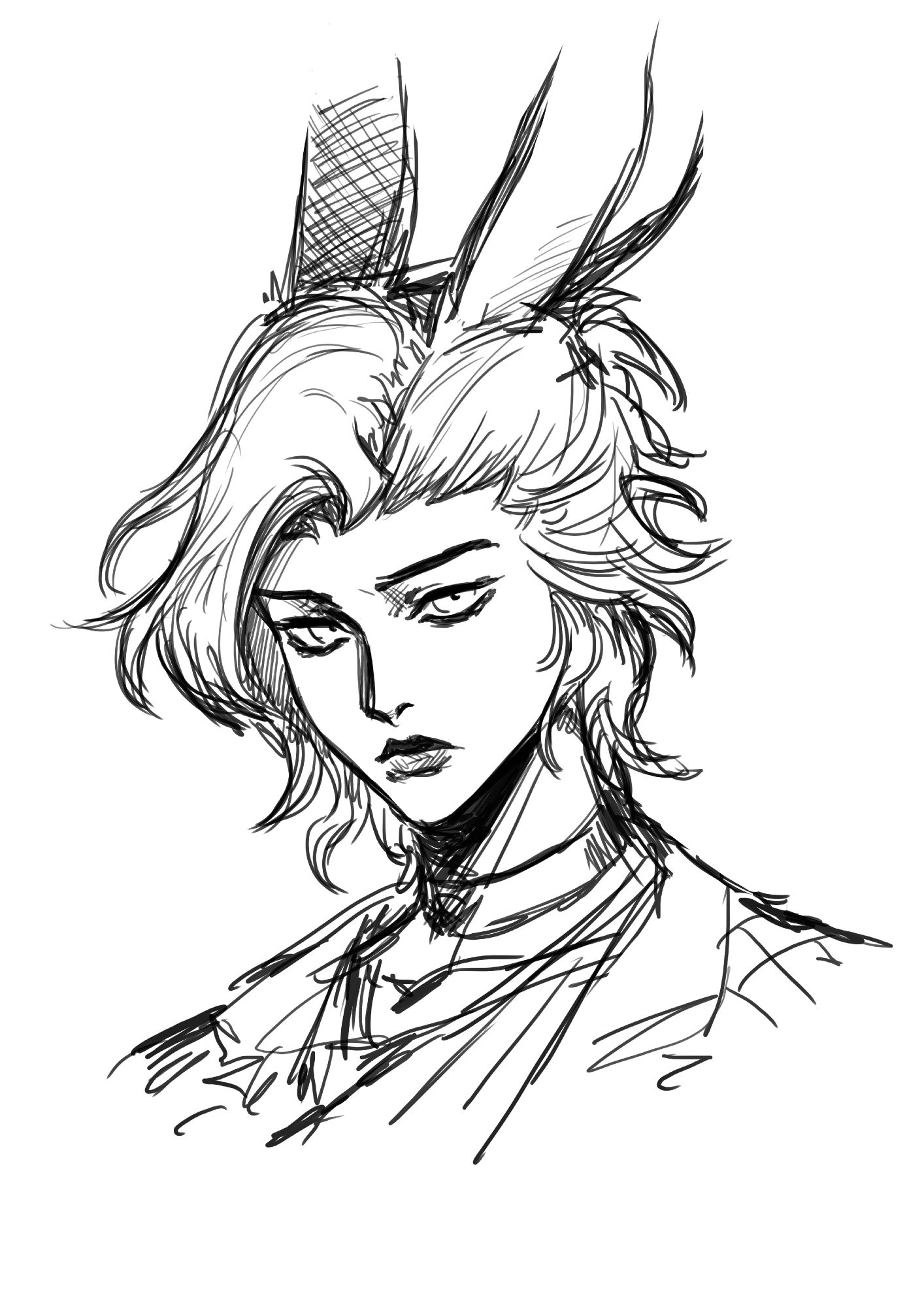 Rough digital black and white portrait sketch of the male viera Erenville from FFXIV