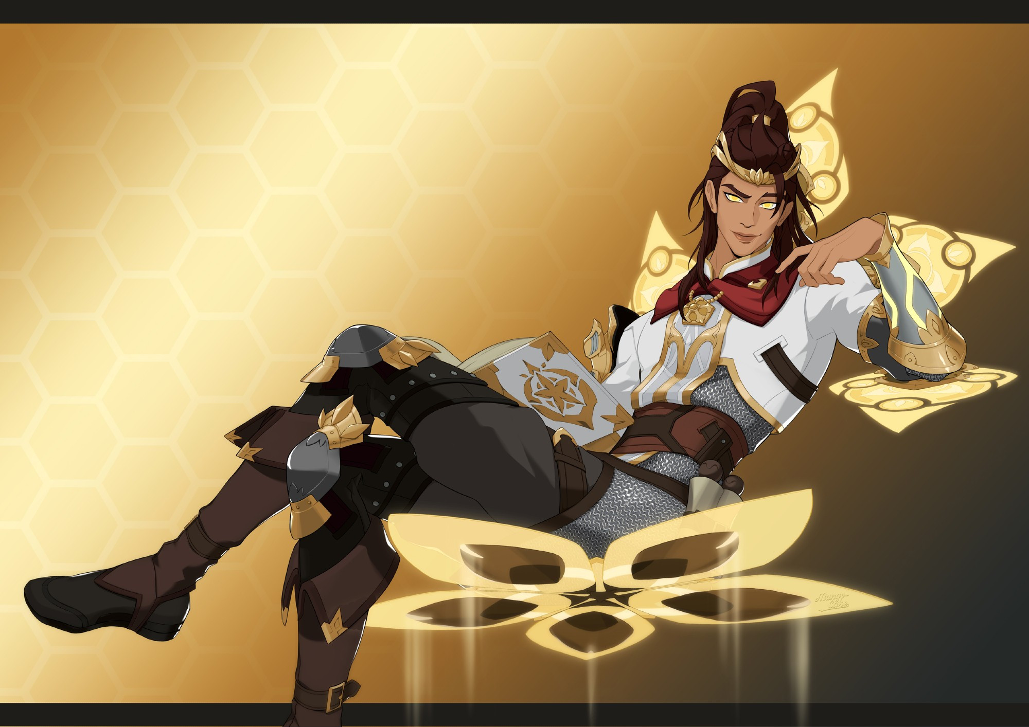 The Overwatch 2 support hero Lifeweaver in the cleric skin sitting on his petal platform with crossed legs, holding a book in his right hand and looking at the viewer.