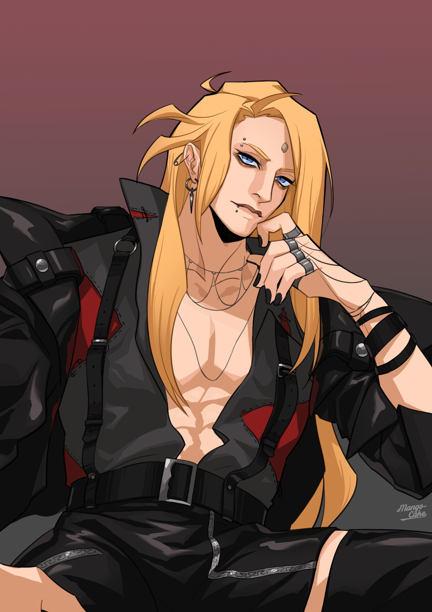 Digital artwork of Zenos yae Galvus from FFXIV dressed in modern edgy black and red clothes leaning back and looking at the viewer