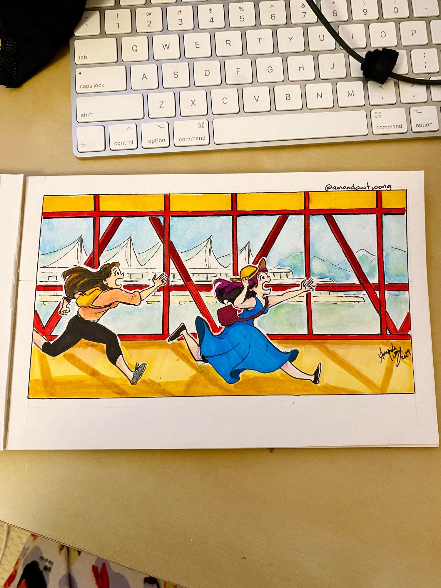 A painting of me and my friend Lillian running for the seabus