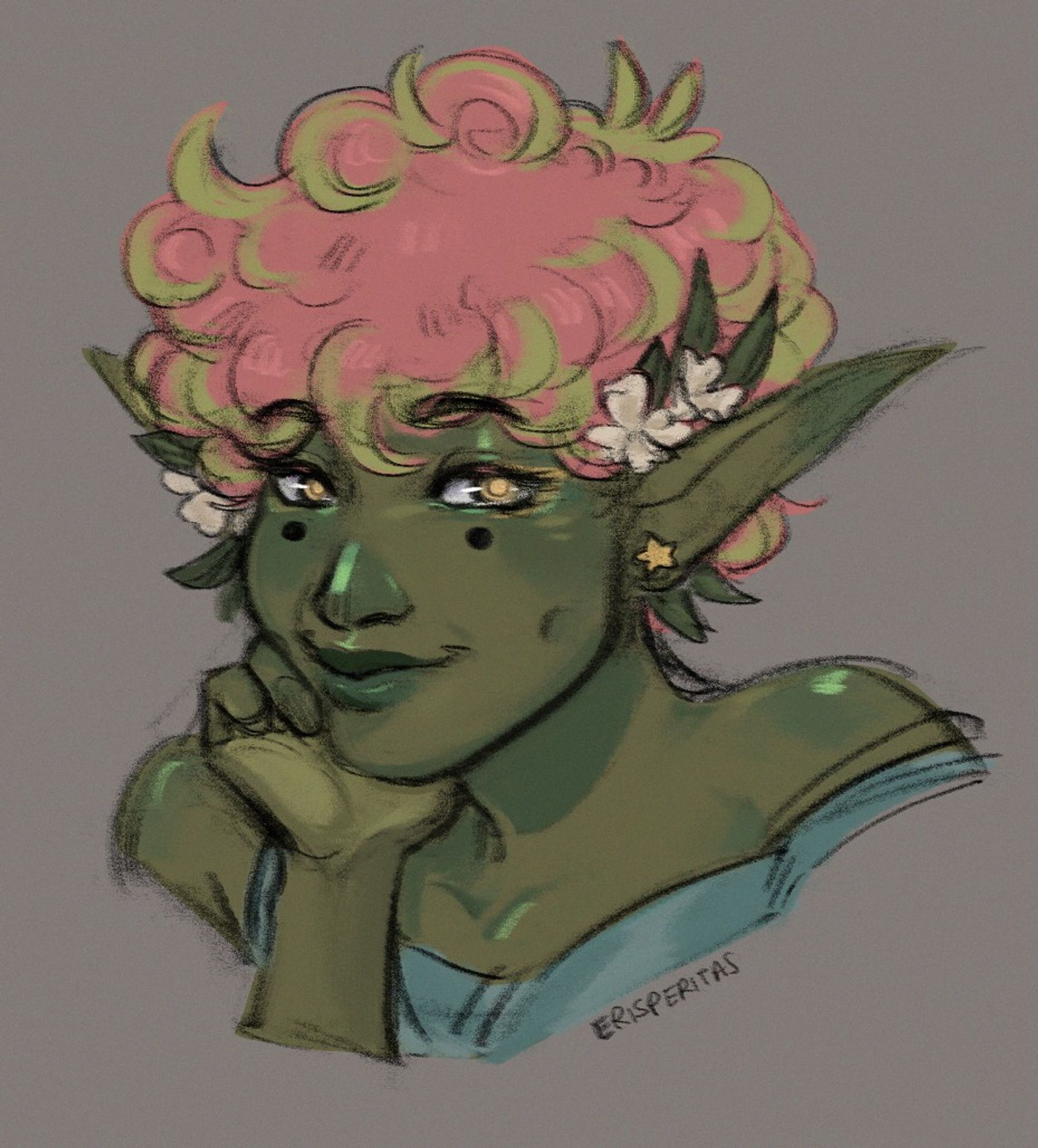 Xy Lee, an eladrin with pink hair and a green complexion, grins at the viewer, the flowers behind their ears in full bloom, indicating their cheerfulness.