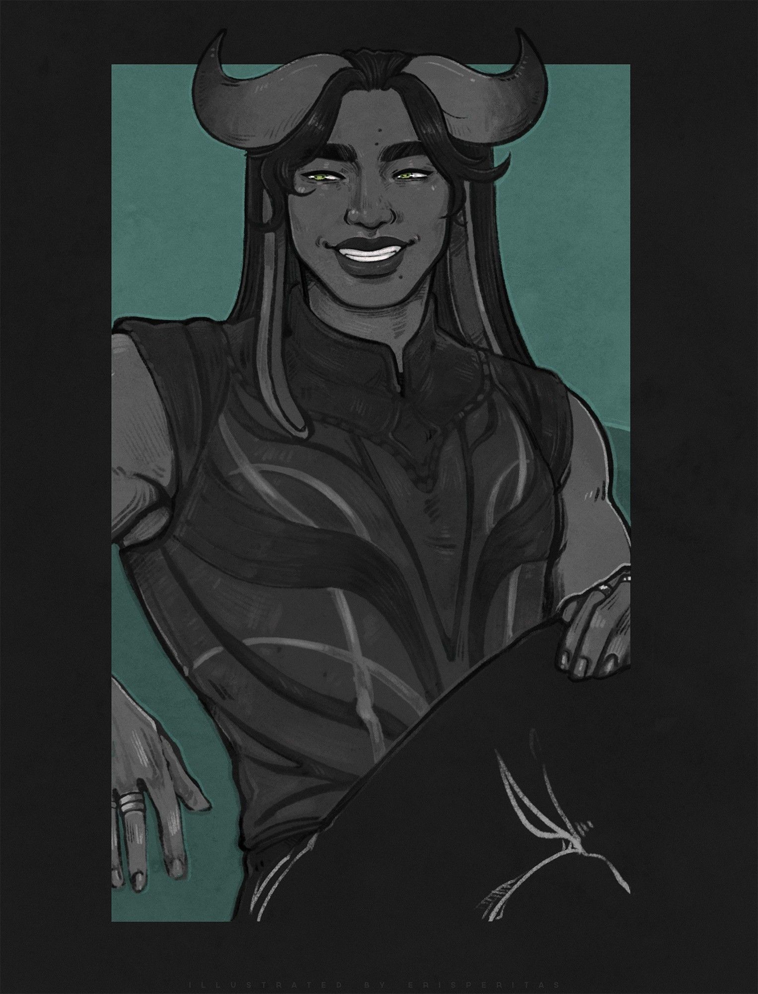 A half-body portrait of Ramil, a tiefling with two horns emerging from his forehead and long floppy ears. He also has longer black hair. He wears an ornate sleeveless top and black pants and sits with his legs crossed.