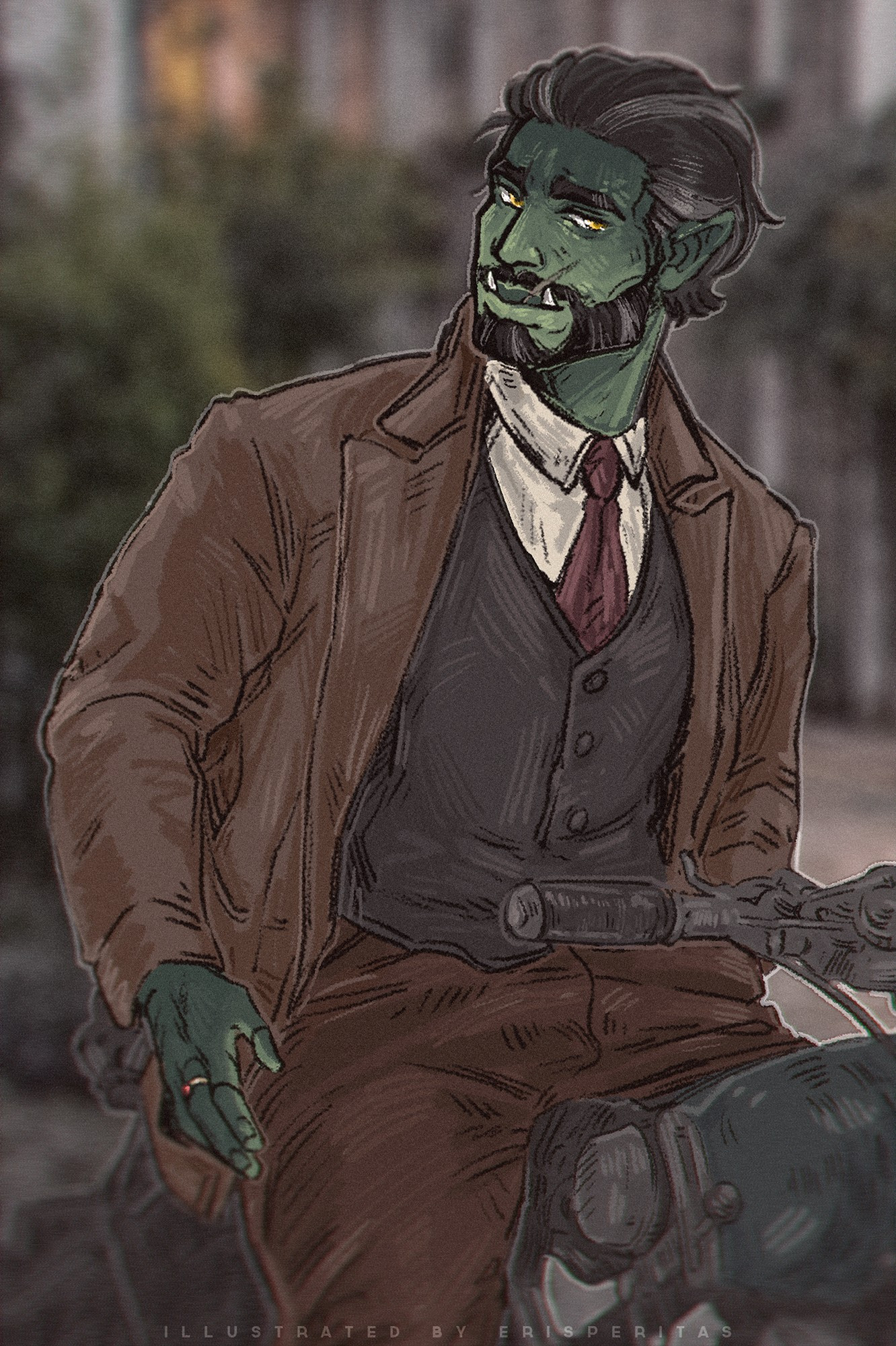 Fjord Stone (Critical Role) sits on a motorbike, dressed in a brown slacks, a darker brown cardigan, a white dress shirt and a red tie under a long brown overcoat, turned away but looking into camera.