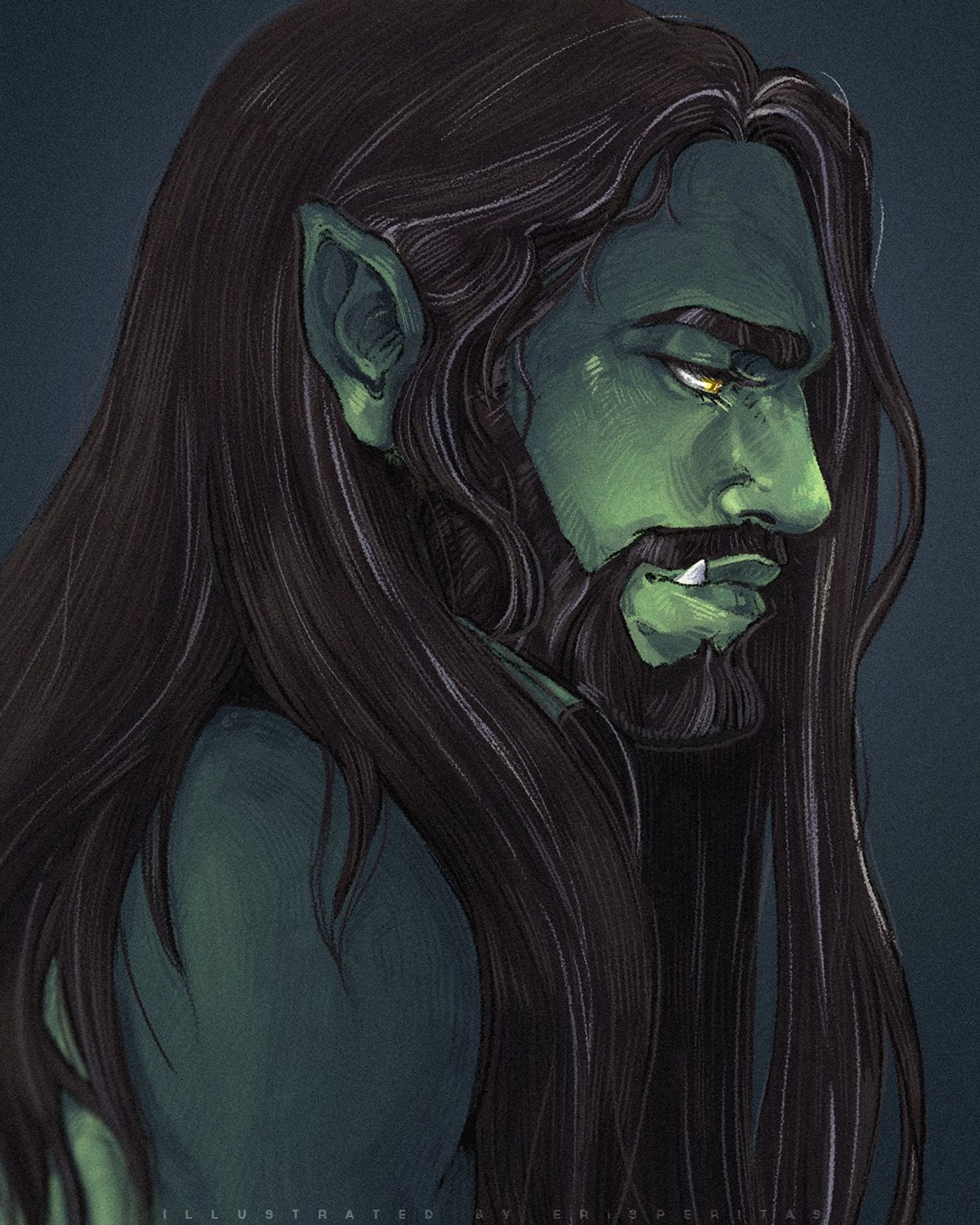 Fjord Stone (Critical Role) in profile view, looking cold and pensively offscreen as his dark hair drapes from his face.