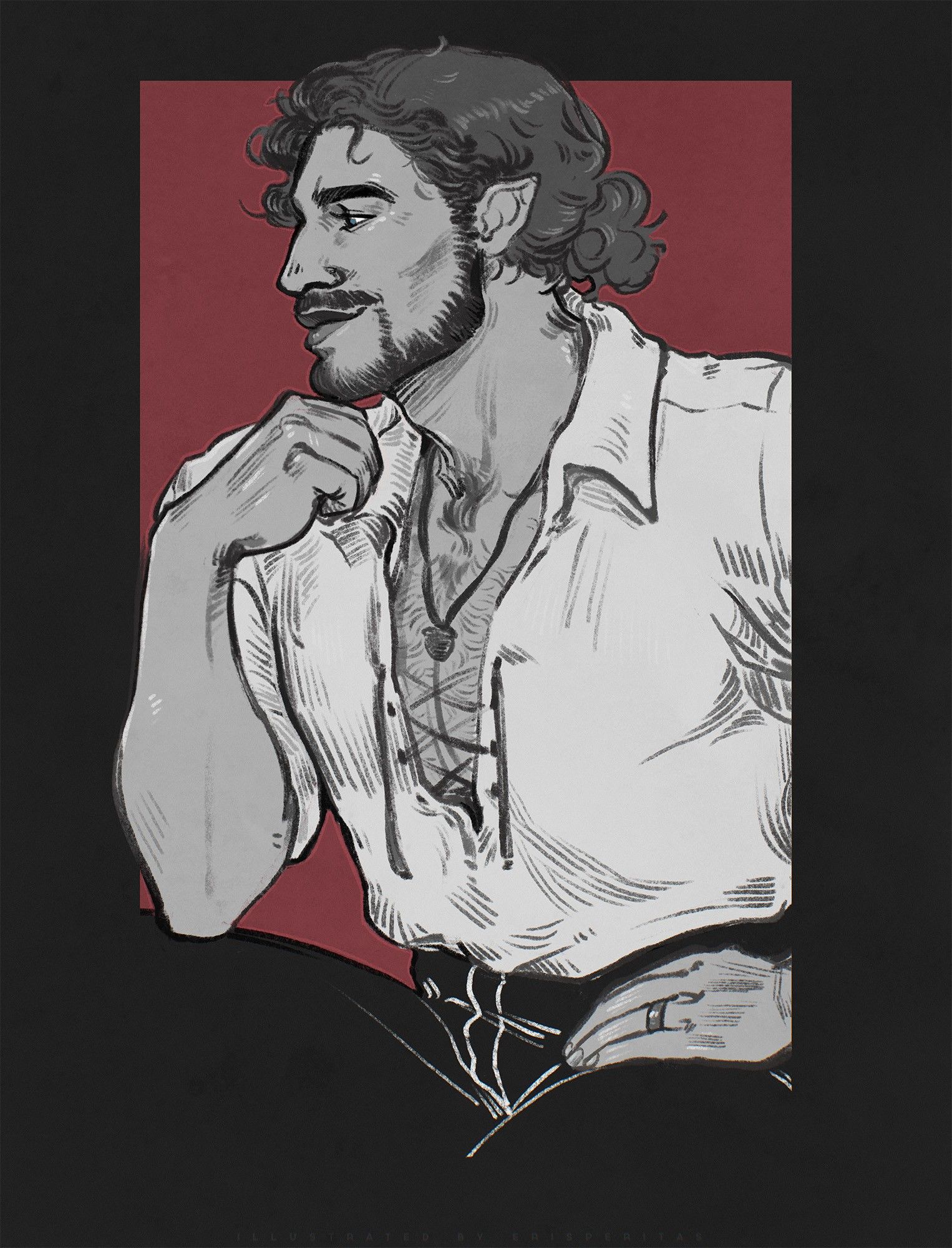 A half-body portrait of Erik (BG3!Tav), a built man with long wavy hair and facial hair wearing a white shirt, the front open to reveal his chest. A necklace around his neck with a small acorn attached to it and a ring on his finger.