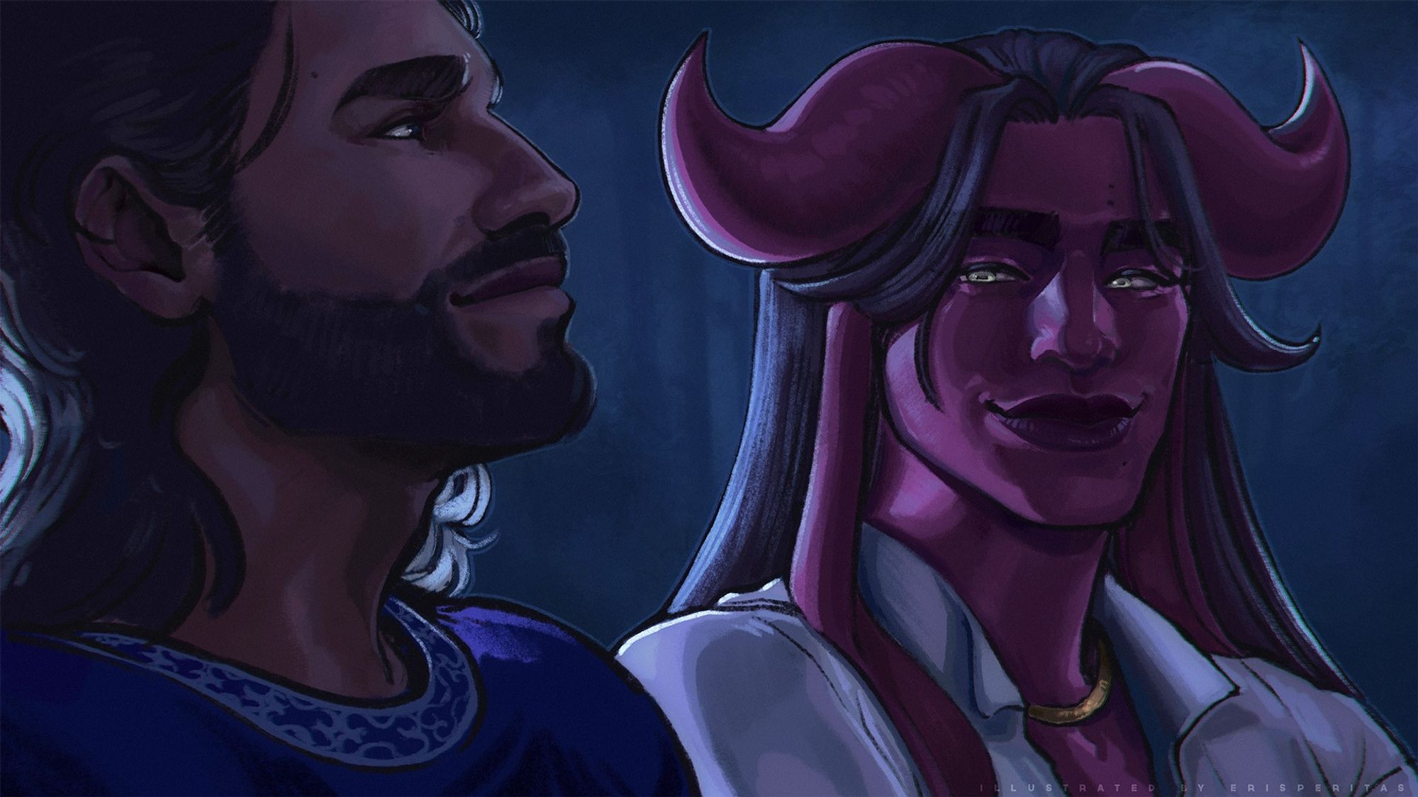 Ramil (Tav), a red tiefling with long dark hair and glowing lime green eyes looks over affectionately to Gale (Baldur's Gate 3) a man with dark brown mid-length hair and facial hair.