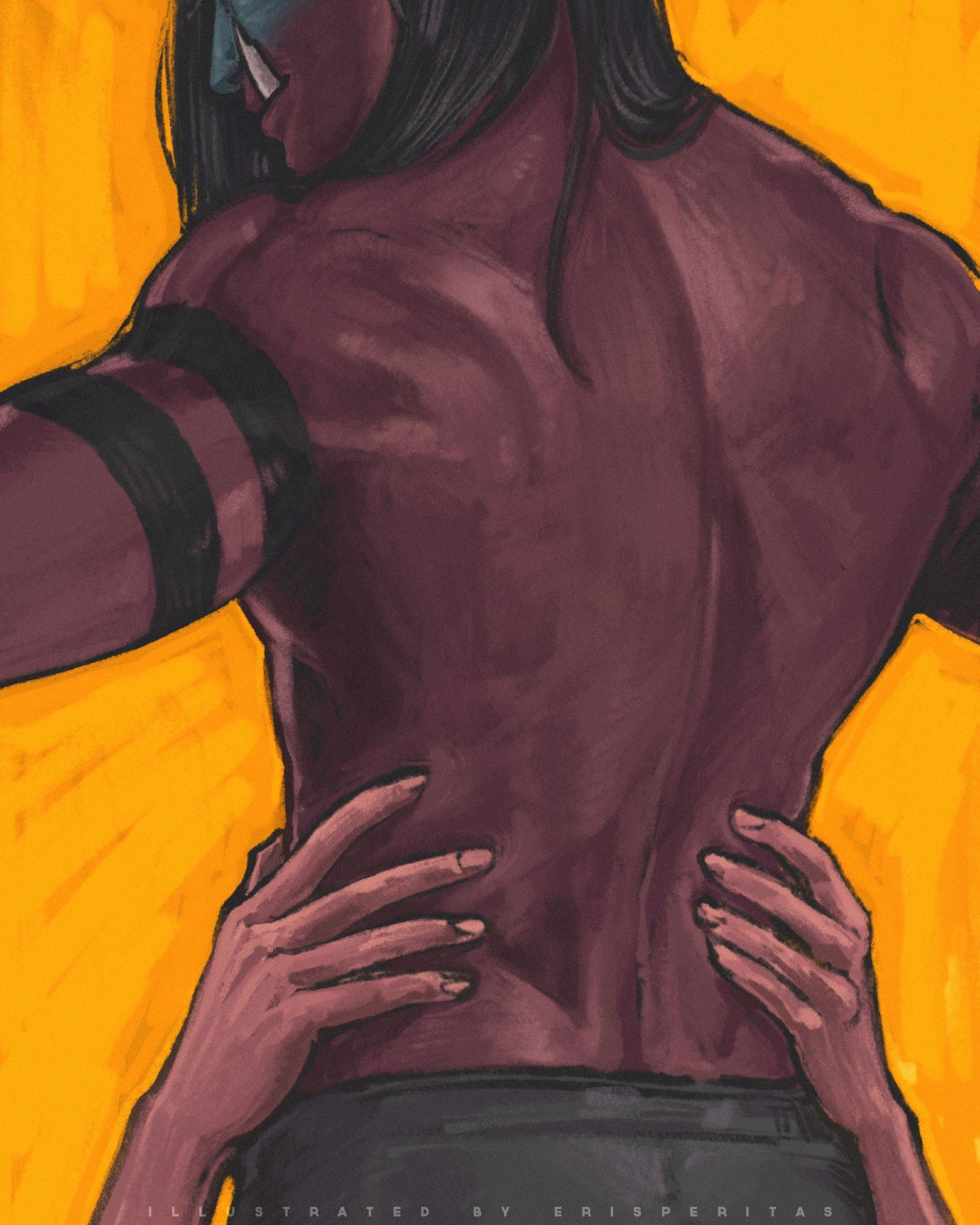 Goro, a half-orc with green to deep red skin and long black hair, his back to the viewer as a pair of hands, belonging to Erik, hold his waist.