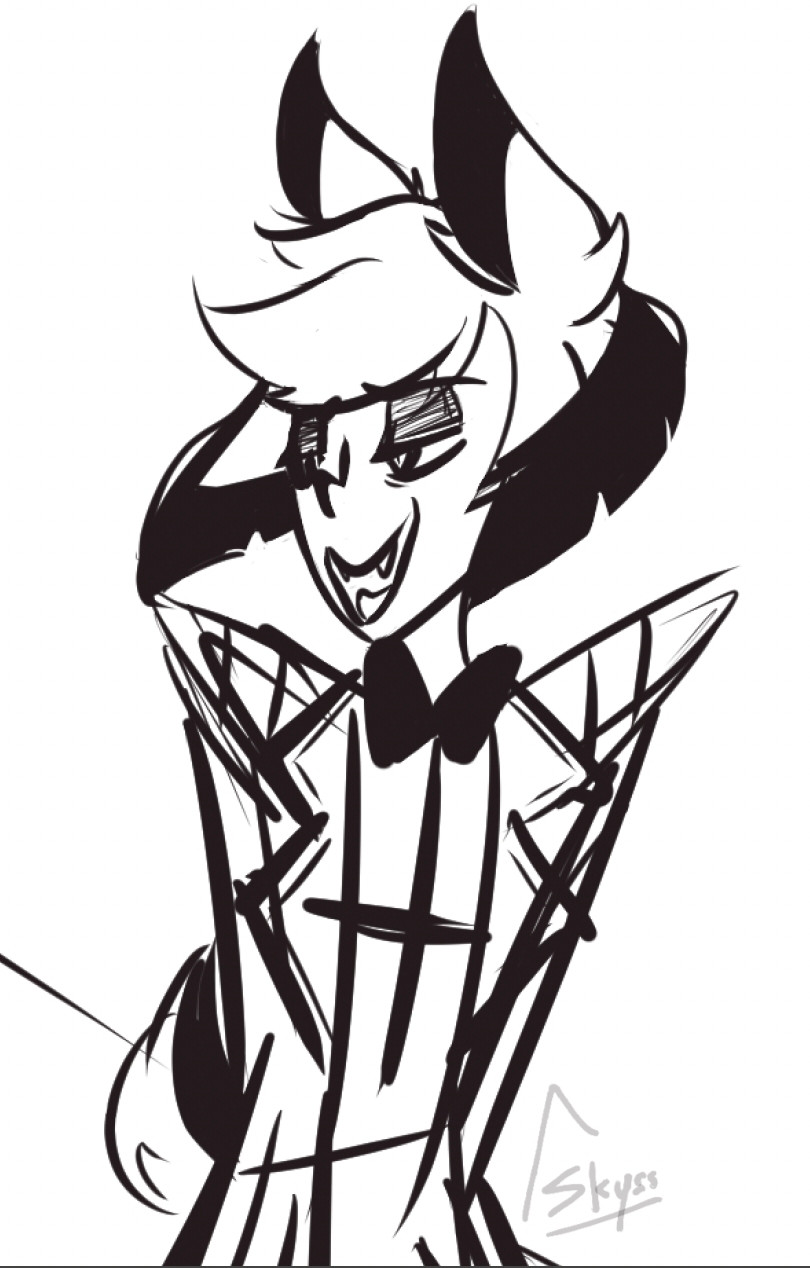 Black and white sketch of Alastor from Hazbin Hotel