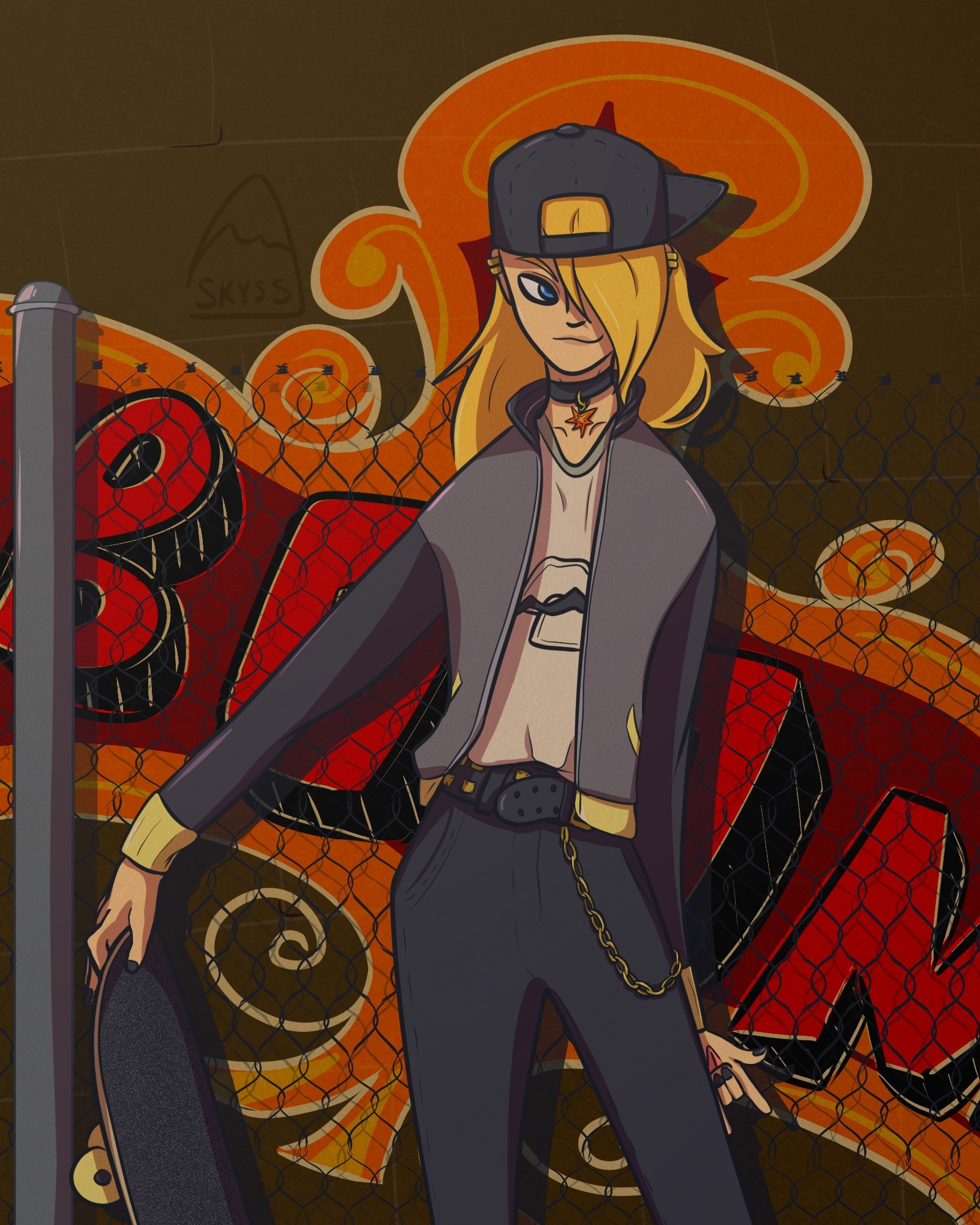 Deidara from Naruto in a modern skateboarding outfit standing in front of a chain link fence and graffiti covered wall.