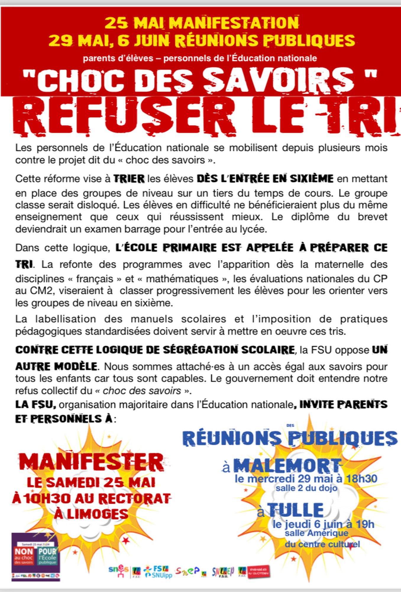 Tract de la FSU Corrèze pour annoncer réunions publiques contre le choc des savoirs le 29 mai à 18h30 à Malemort (salle 2 dojo ) et le 6 juin à 19h à Tulle (CCS) et pour appeler à manifester le 25 mai à 10h30 au rectorat de Limoges