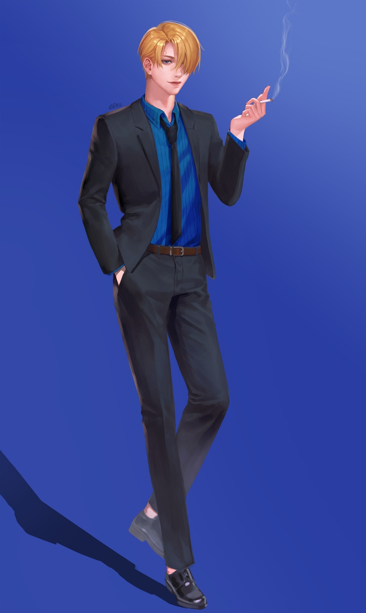 A blonde man in a suit stands against a vivid blue background, holding a cigarette.  The shirt is blue with a thin, black sprite pattern, and one eye is covered with bangs.  He wears a black tie, black jacket, black pants, and black shoes, and his eyes are blue.  It is a picture of a person with a faint smile, and the eyebrows curled up like a whirlpool are drawn just above the visible eyes.  This is fan art of ‘Sanji’ from the manga ‘One Piece’.