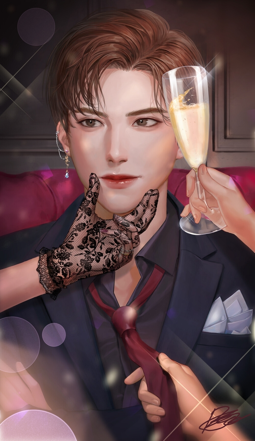 A brunette androgynous-looking man is wearing a navy suit with a blue hanger top, a dark wine-colored shirt, and a wine-colored tie, with his arms crossed.  In his right ear, an earring studded with blue and rose quartz jewels is twinkling and shining, and around him is a woman's hand holding a glass of champagne and toasting him, a woman's hand loosening his tie and pulling it, and a rose-colored nail. There is a woman's hand, wearing mesh gloves with art and a black rose pattern and several rings, grabbing his chin.  The title of the work is <HOST>.