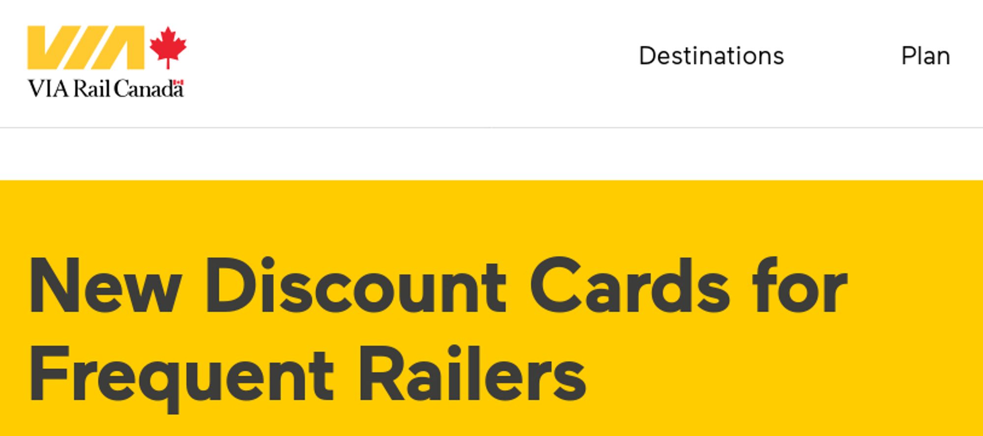 VIA Rail website promo banner: "New Discount Cards for Frequent Railers"