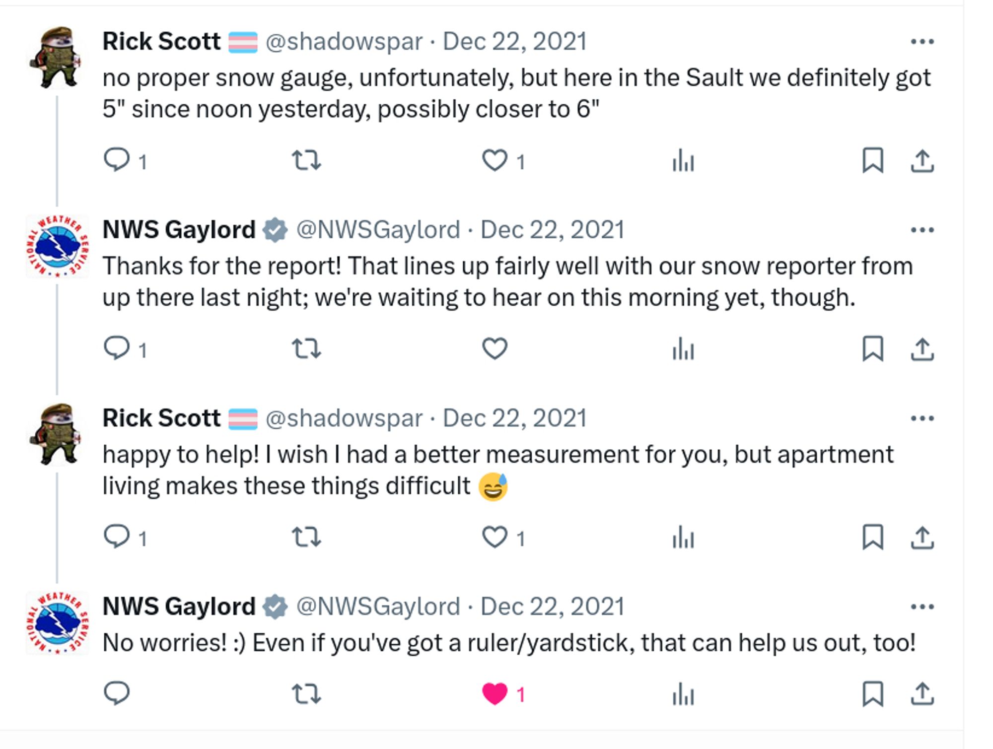 Twitter exchange between myself and @NWSGaylord, from Dec 22 2021. Context: they've asked for snowfall reports from a recent storm. 

@shadowspar: no proper snow gauge, unfortunately, but here in the Sault we definitely got 5" since noon yesterday, possibly closer to 6"
@NWSGaylord: Thanks for the report! That lines up fairly well with our snow reporter from up there last night; we're waiting to hear on this morning yet, though.
@shadowspar: happy to help! I wish I had a better measurement for you, but apartment living makes these things difficult 😅
@NWSGaylord: No worries! :) Even if you've got a ruler/yardstick, that can help us out, too!