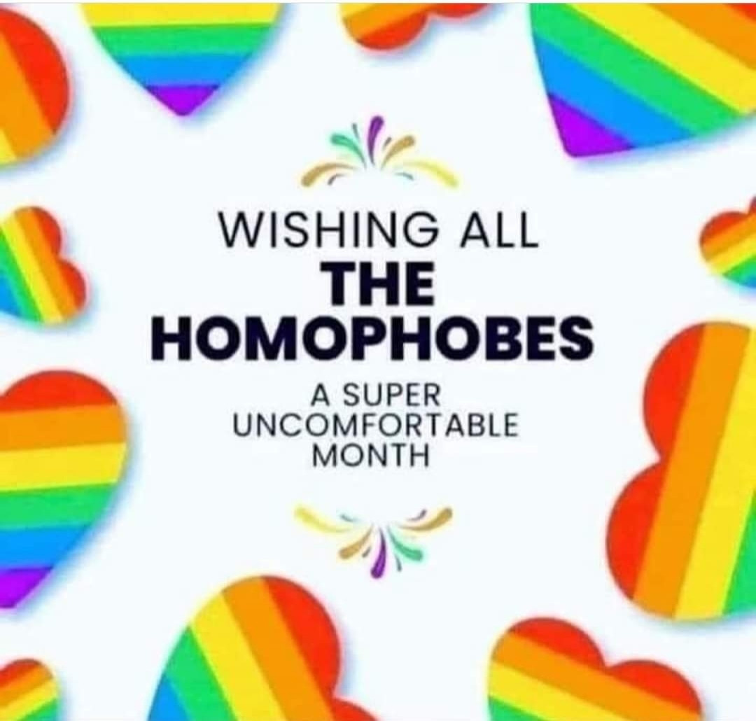 A meme consisting of a white background filled with rainbow hearts and text which says "Wishing all the Homophobes a super uncomfortable month"