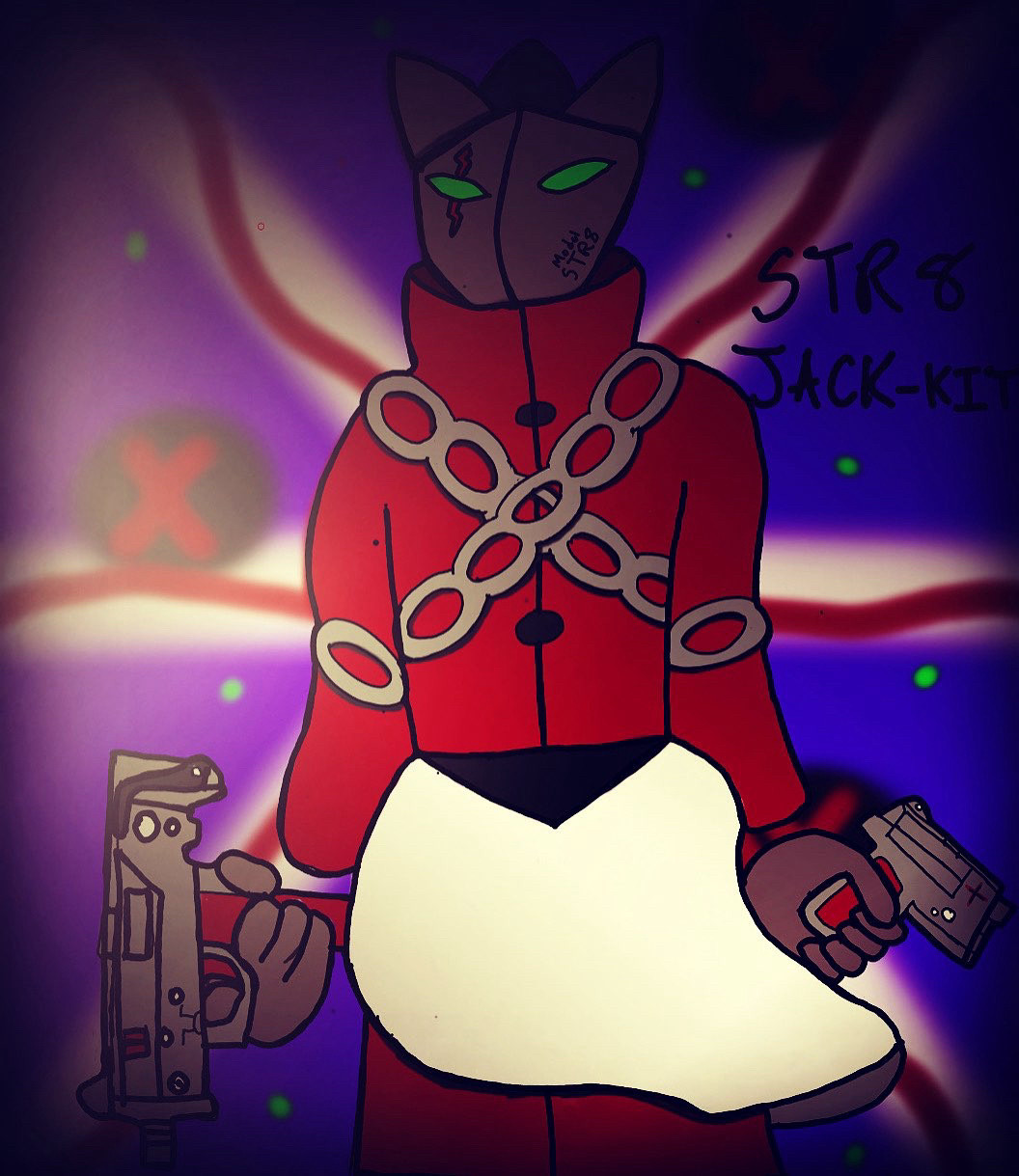 A drawing of my character STR8-JACKKIT, a robotic version of JACKKIT that wears red clothing along with chains and wields two guns.